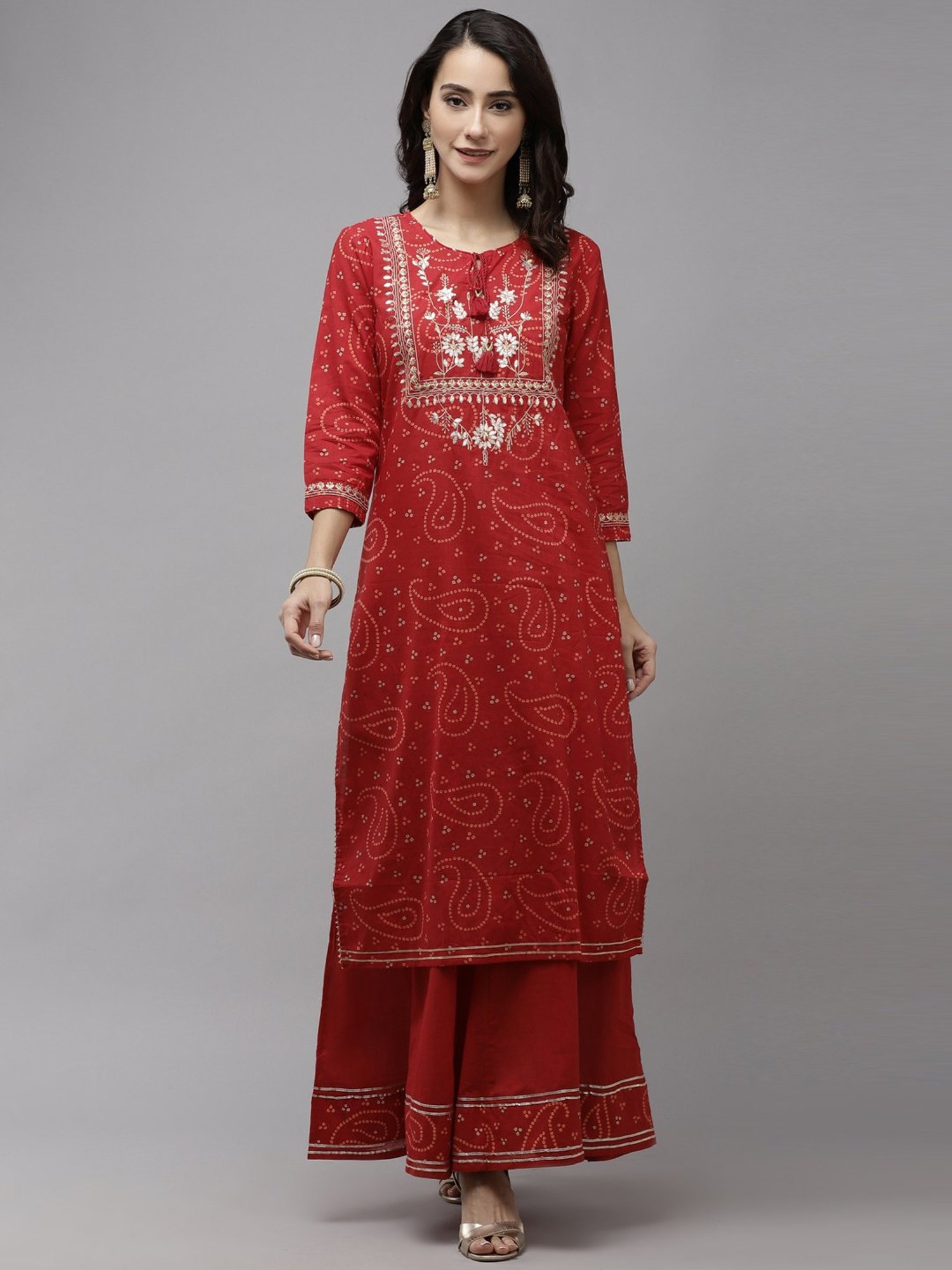 Ishin Red Pure Cotton Embroidered Kurta Sharara Set