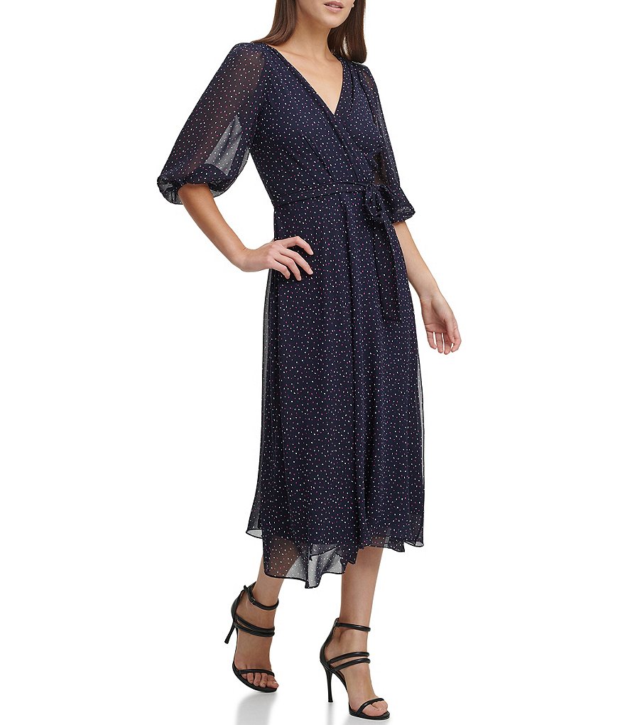 DKNY Balloon Short Sleeve V-Neck Faux Wrap Midi Dress