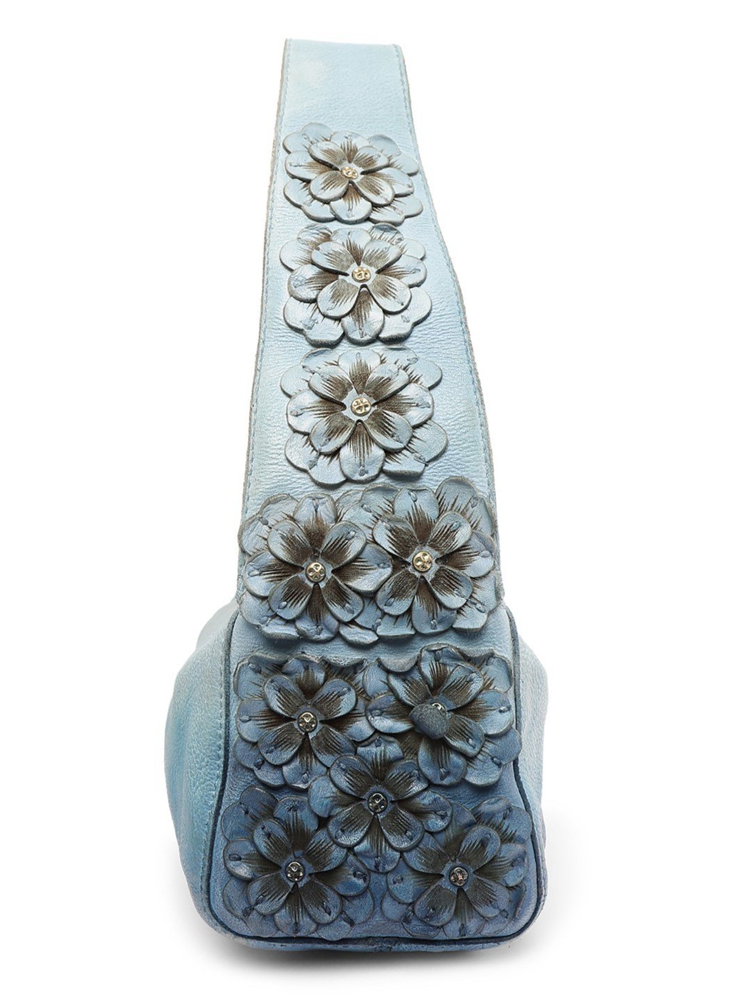 Art N Vintage Azure Aster Blue Leather Floral Medium Hobo Handbag