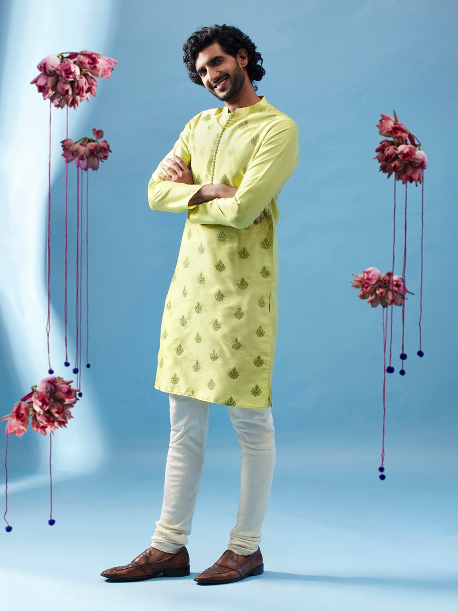 KISAH Green & Cream Regular Fit Embroidered Kurta & Churidar Set