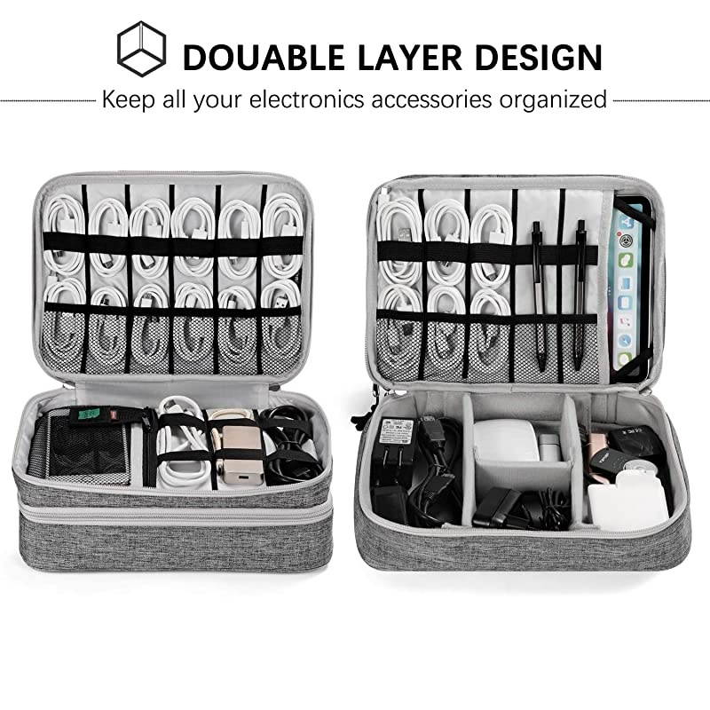 Electronics Travel Organizer,  Electronics Cable Organizer Bag Double Layer Travel Cable Storage Bag for Cables, Laptop Charger, Tablet (Up to 11'') and More-Thick Large(Grey)