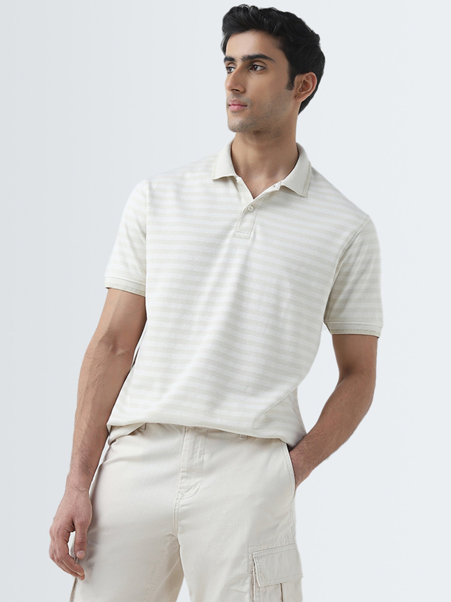 WES Casuals by Westside Beige Stripe Design Relaxed-Fit Polo T-Shirt