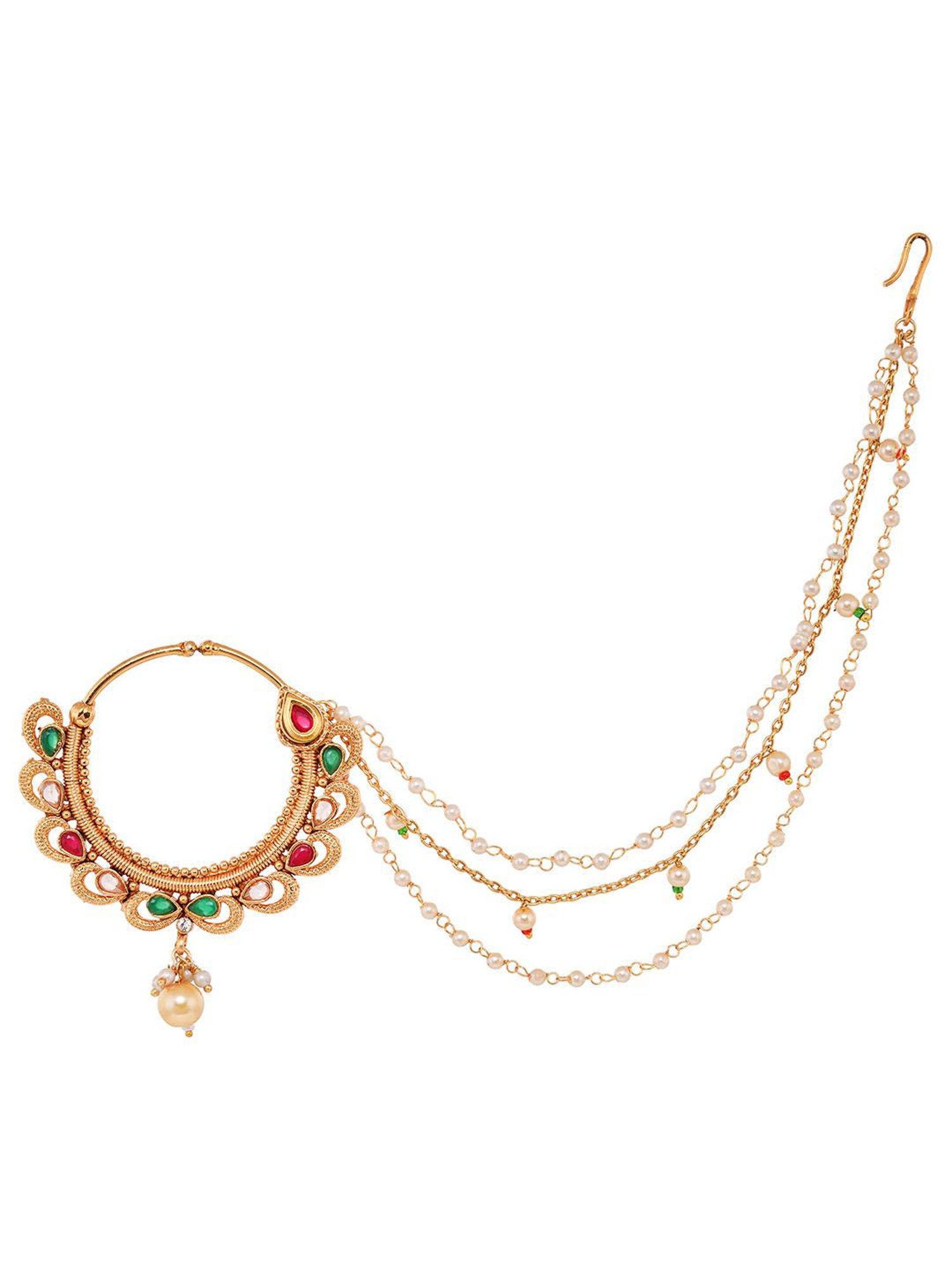 Saraf Rs Jewellery Gold Toned Pearl Beaded & Kundan Studded Jodha Nose Ring With Chain
