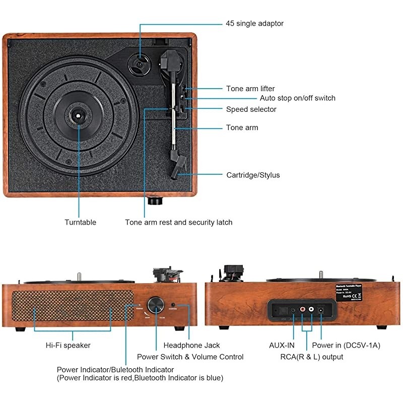 Record Player Belt-Driven 3-Speed Turntable, Vintage Vinyl Record Players Built-in Stereo Speakers, with Headphone Jack/ Aux Input/ RCA Line Out, Wooden (Brown)