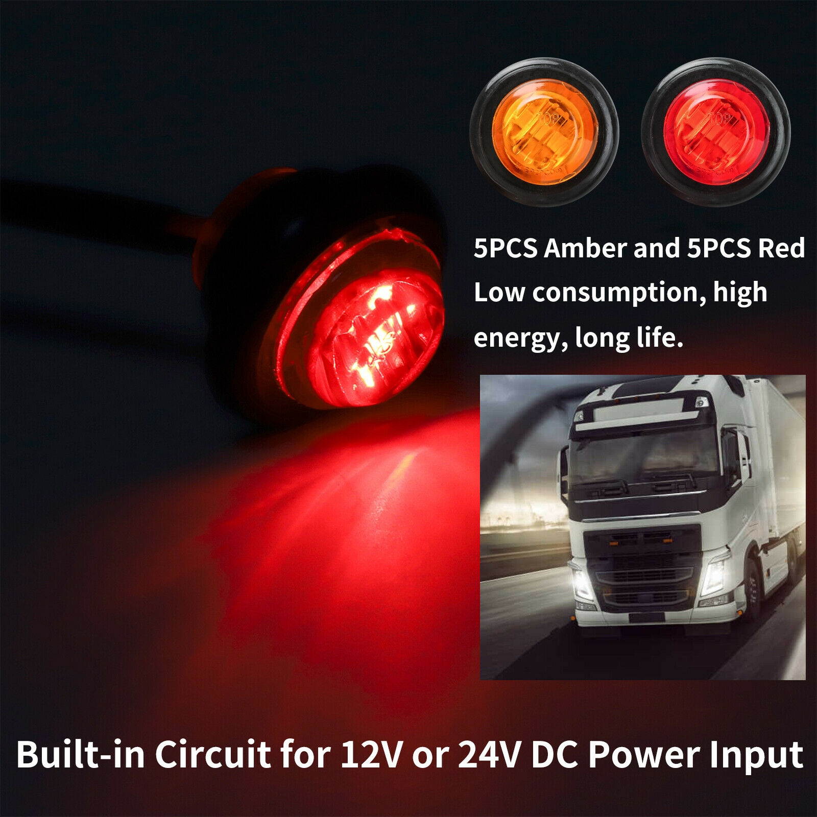 10X Red + Amber LED Bullet Side Marker Light Flush Mount Truck Trailer 12V 3/4"