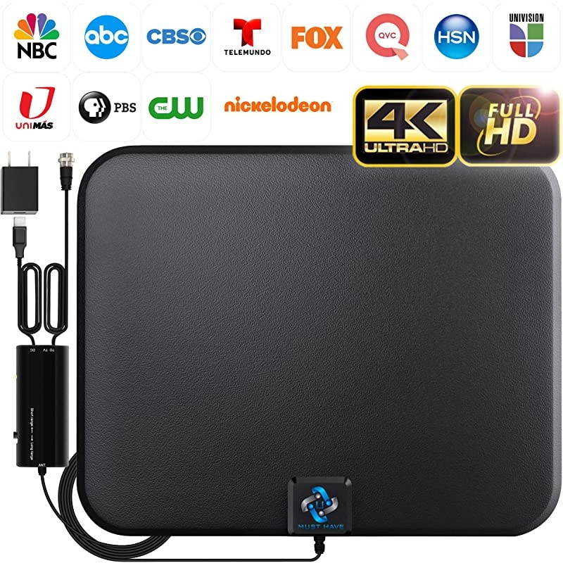 Amplified HD Digital TV Antenna Long 250+ Miles Range - Support 4K 1080p Fire tv Stick and All Older TV's - Indoor Smart Switch Amplifier Signal Booster - 18ft Coax HDTV Cable/AC Adapter
