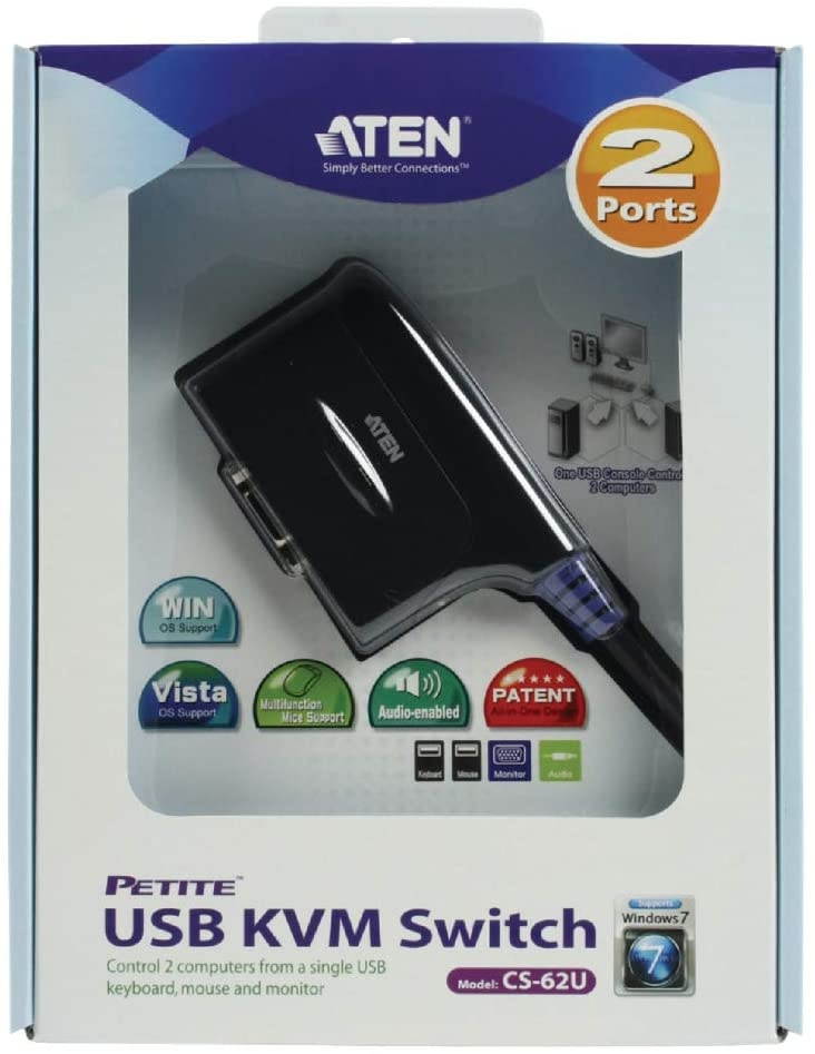 ATEN 2-Port USB 2.0 VGA Cable Built-in KVM Switch with Audio Support CS62U (Gray)
