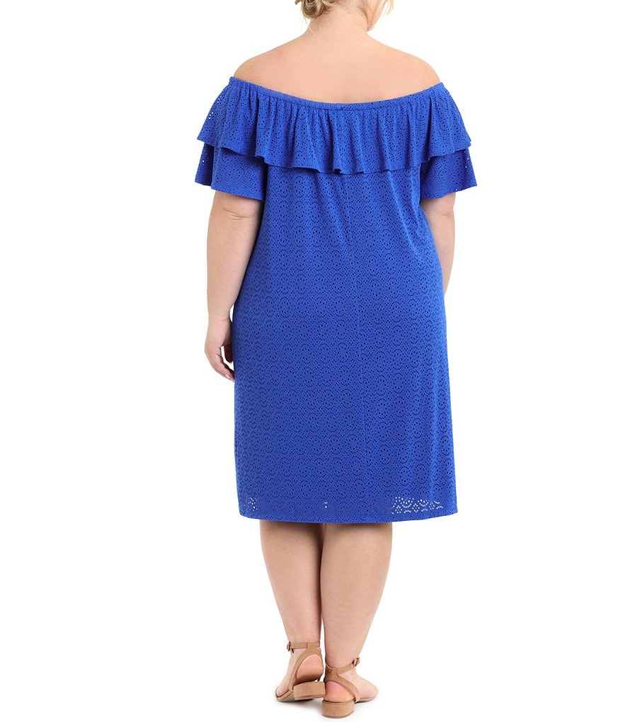 London Times Plus Size Off-the-Shoulder Short Sleeve Eyelet Shift Dress