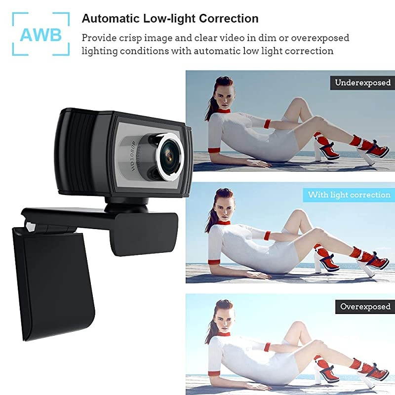 Webcam with Microphone PORTHOLIC HD PC Desktop Computer Web Cam with AUTO Face Focus 360&deg;Rotatable USB Smart TV Web Camera for Skype Live Stream Zoom Video Chat Recording Conferencing