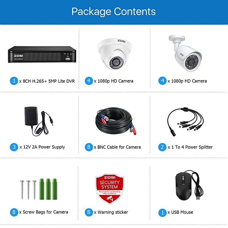 H.265+ 1080p Home Security Camera System Indoor Outdoor, 5MP Lite CCTV DVR 8 Channel and 8 x 1080p Weatherproof Surveillance Bullet Dome Camera, Remote Access, Motion Detection (No Hard Drive)