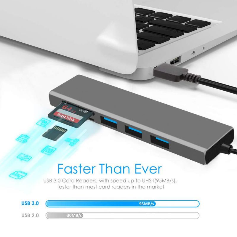 USB 3.0 Hub Ultra Slim 3-Port Aluminum Hub with 2-Slot SD/TF Card Reader Combo, 5 in 1 Superspeed USB 3.0 Hub for MacBook Pro 13/15, iMac, Mac Pro/Mini, Surface Pro, PCs and More - Gray