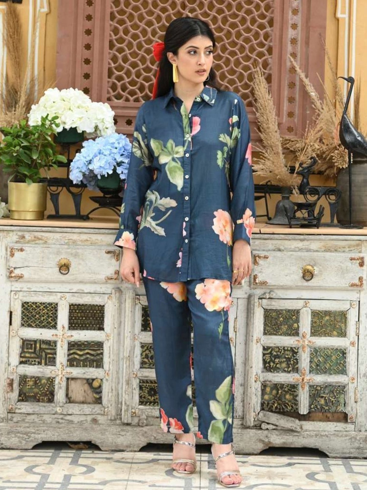 Mahee Jaipur Blue Brush Floral Print Shirt with Pant Co-ord Set