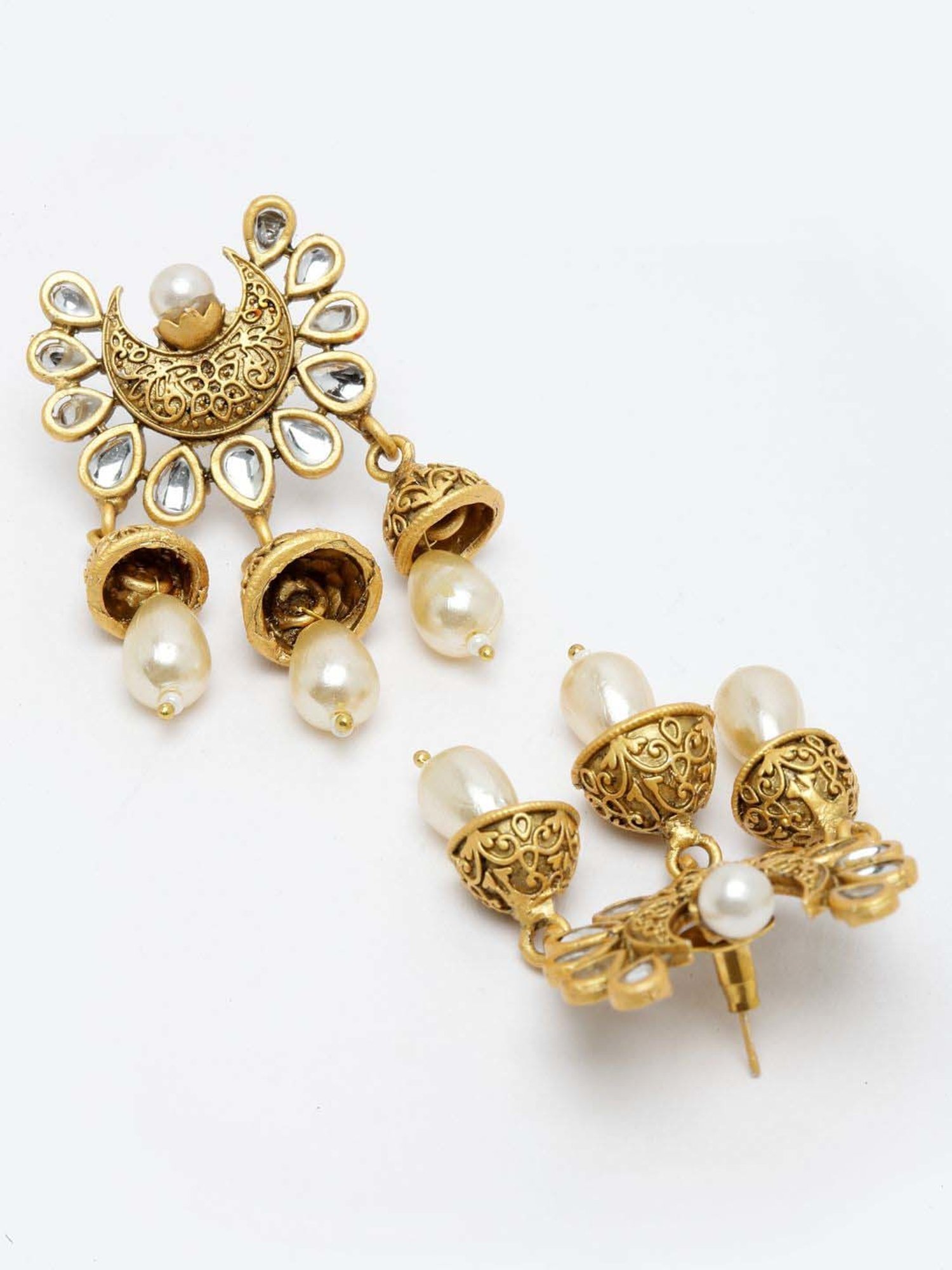 Panash Gold-Plated Kundan Crescent Shaped Handcrafted Drop Earrings