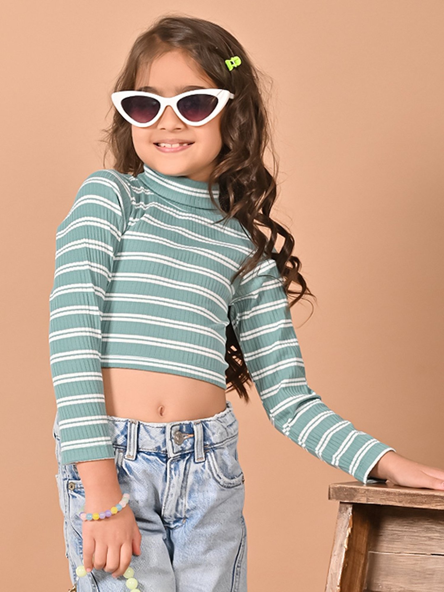 LilPicks Kids Green & White Striped Full Sleeves Crop Top