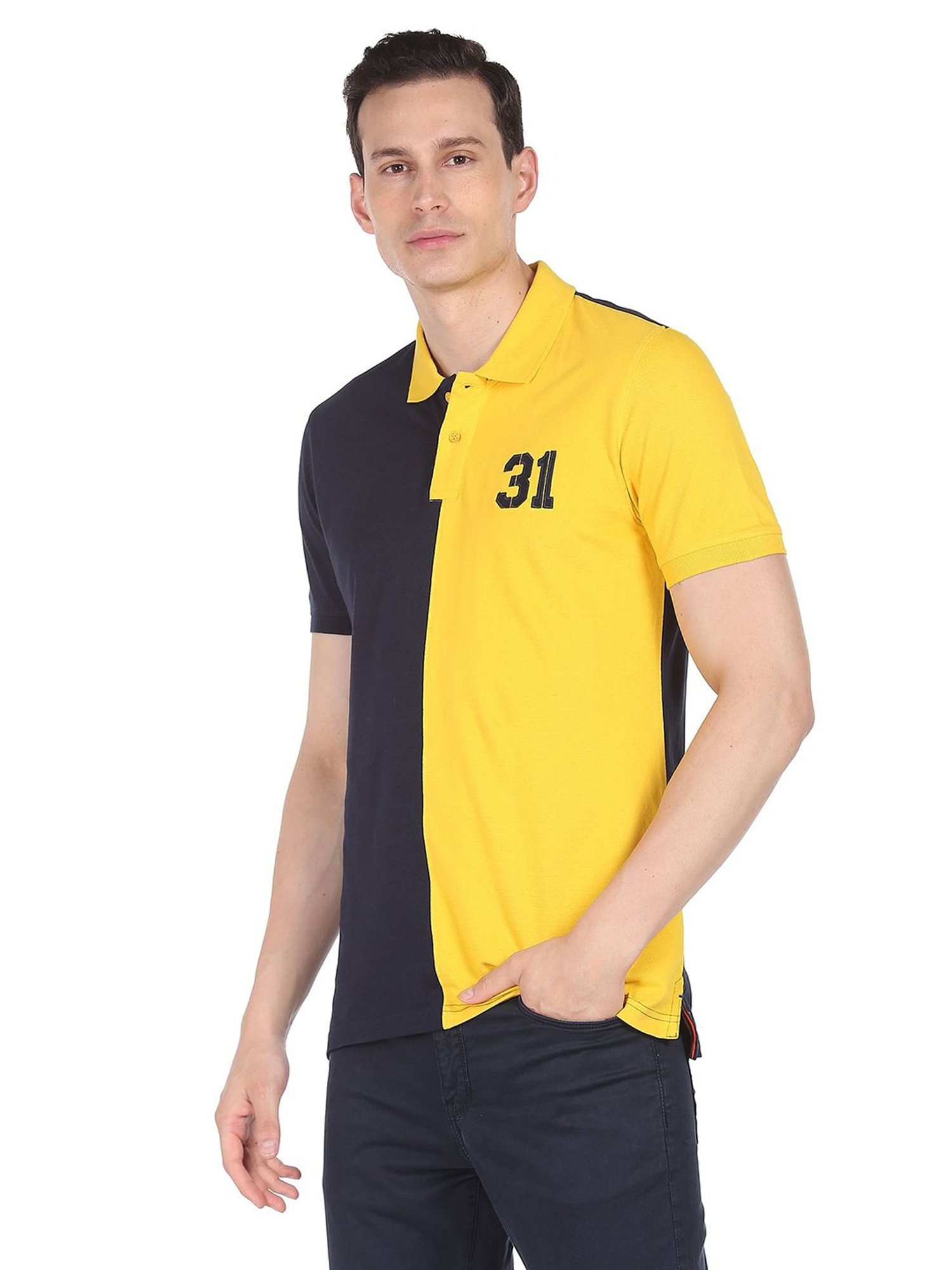 AD by Arvind Navy & Yellow Polo T-Shirt