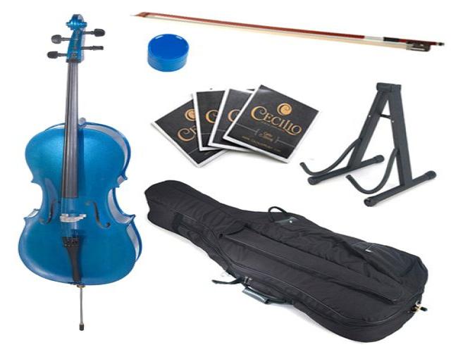 Cecilio 4/4 CCO-Blue Student Cello in Blue Metallic with Soft Case, Bow, Rosin, Bridge, Strings & Cello Stand (Full Size)