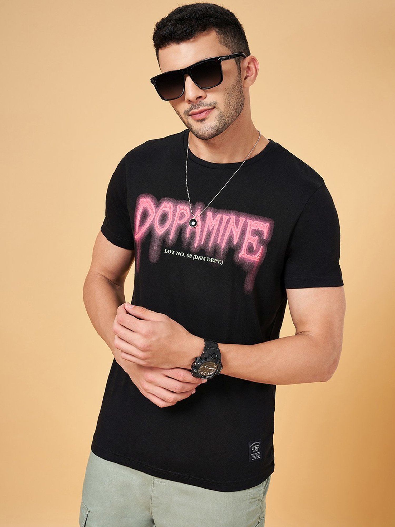 People by Pantaloons Black Cotton Regular Fit Printed T-Shirt