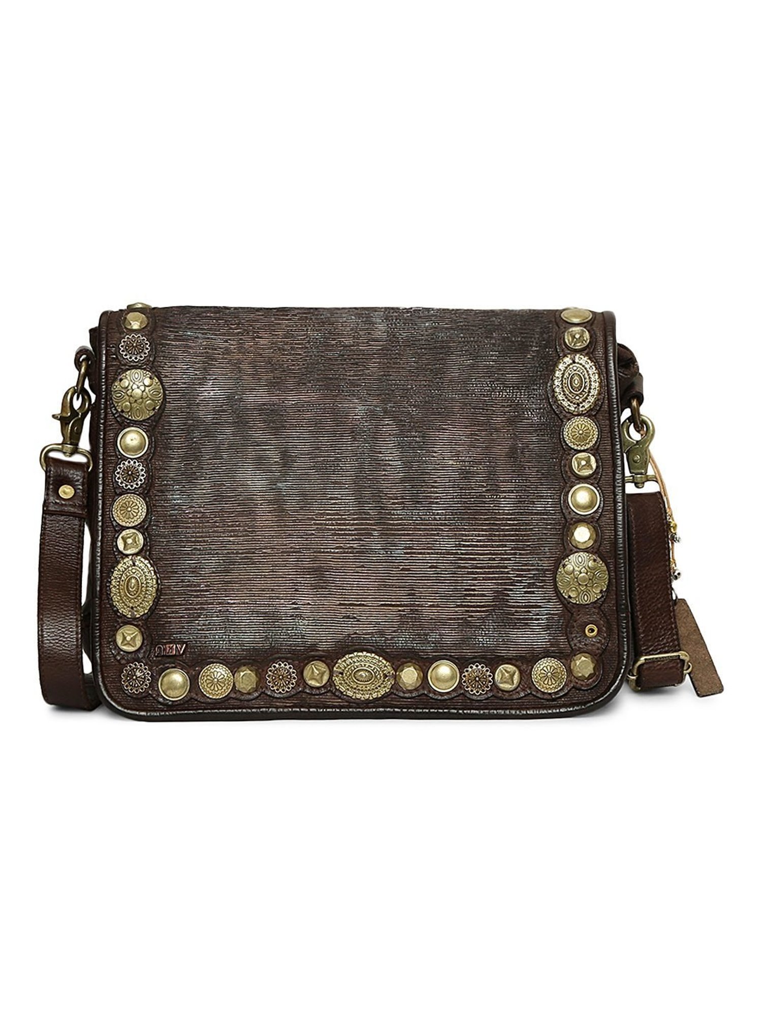 Art N Vintage Silvia Brown Leather Embellished Medium Sling Handbag