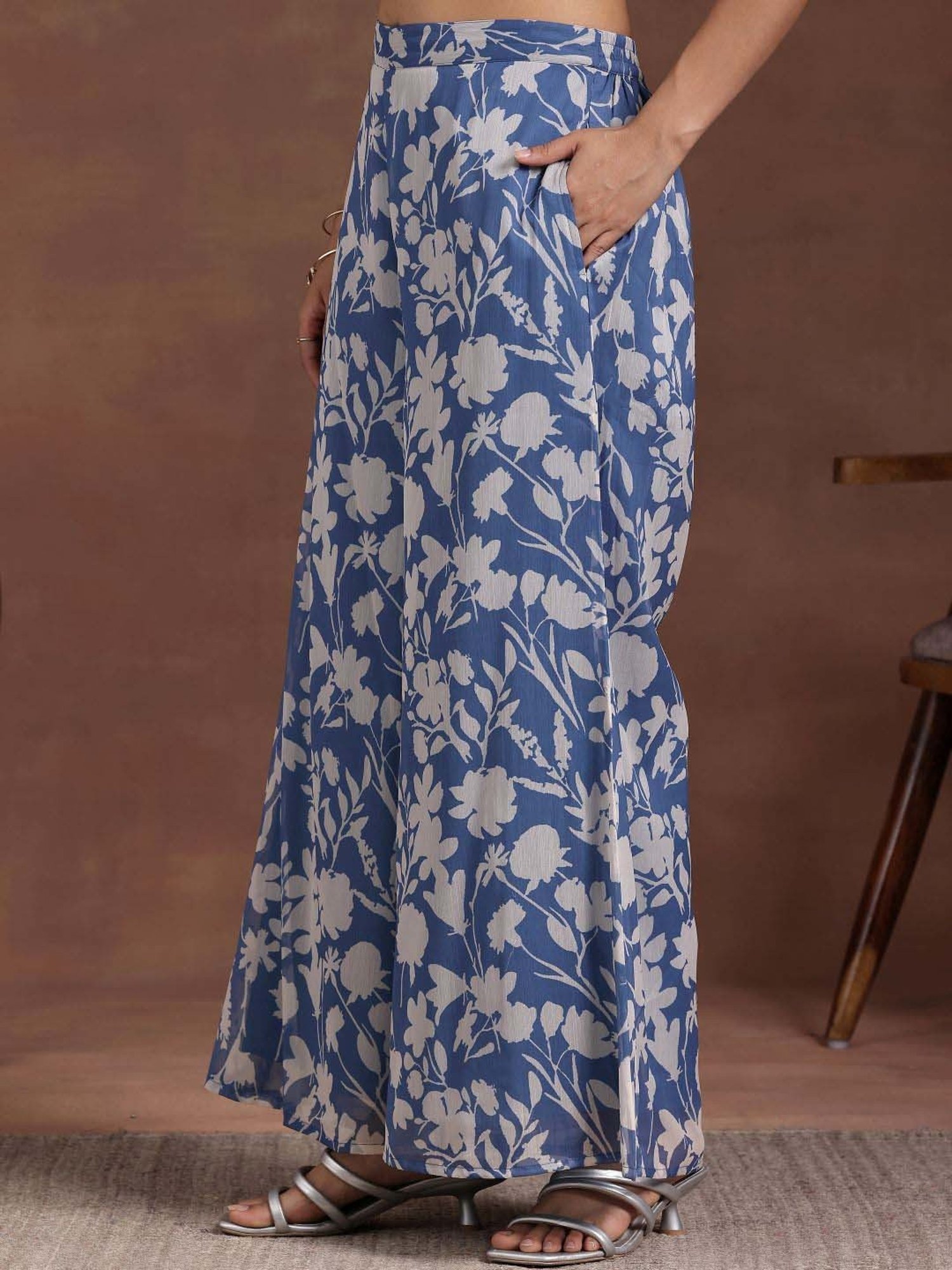 Libas Blue Printed Polyester Co-Ords With Shrug