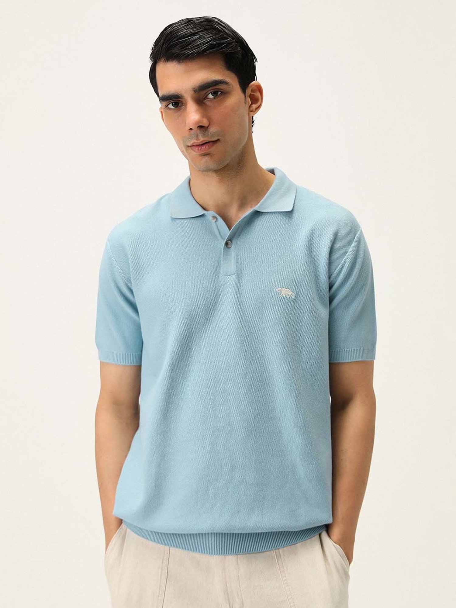 ANDAMEN Light Blue Regular Fit Textured Polo T-Shirt