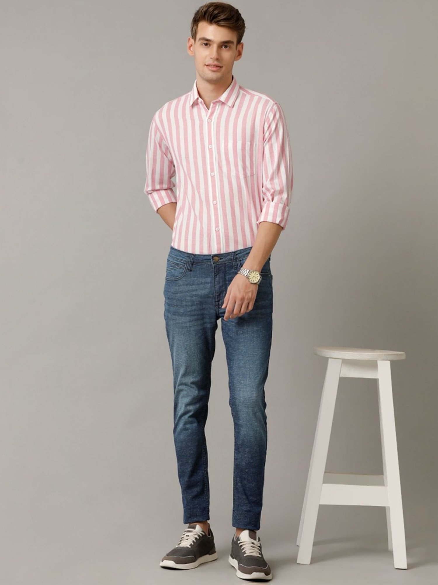 Cavallo By Linen Club Pink Linen Contemporary Fit Striped Shirt