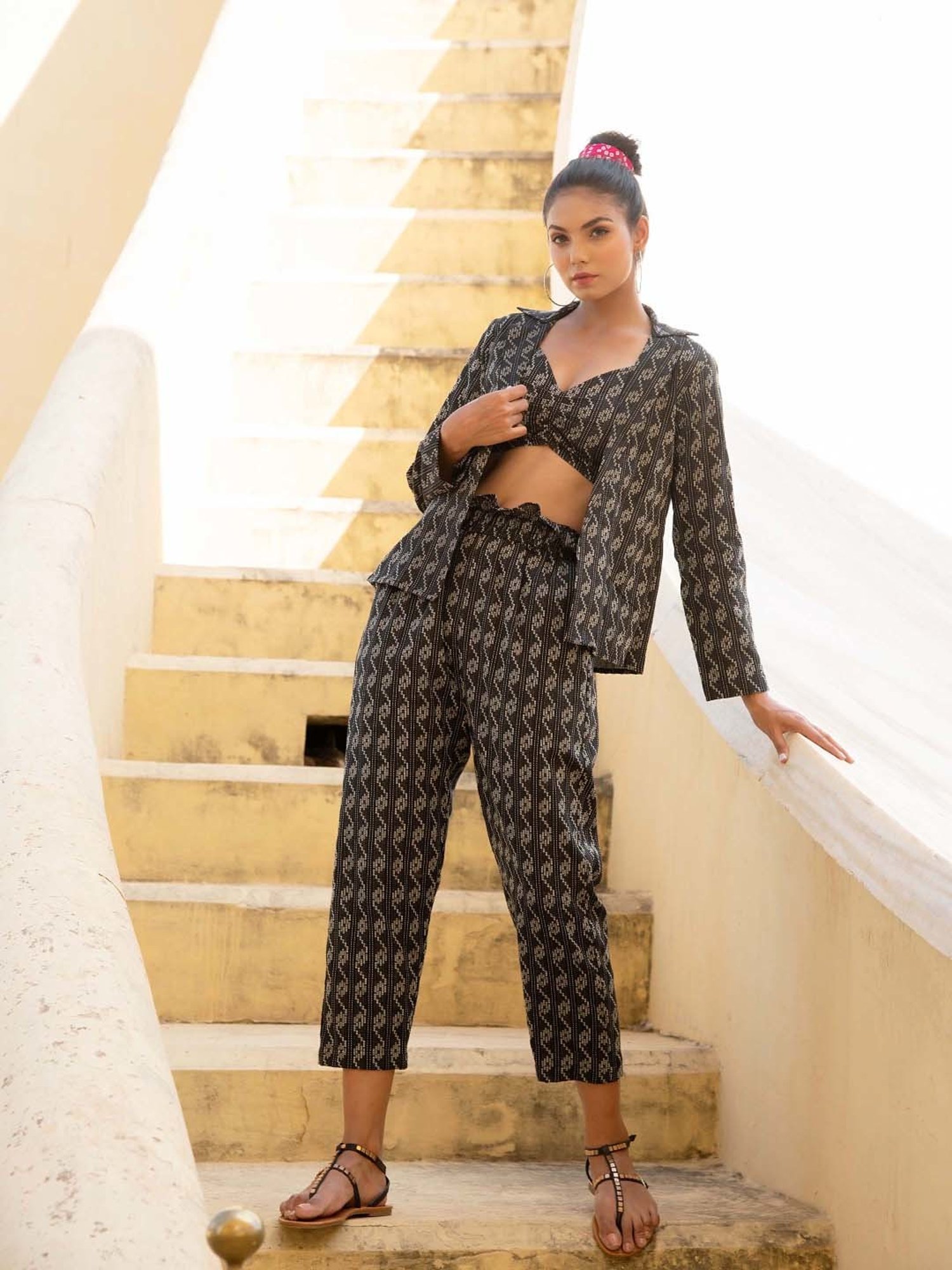 KAORI BY SHREYA AGARWAL Black Cotton Embroidered Crop Top & Pant Set With Blazer