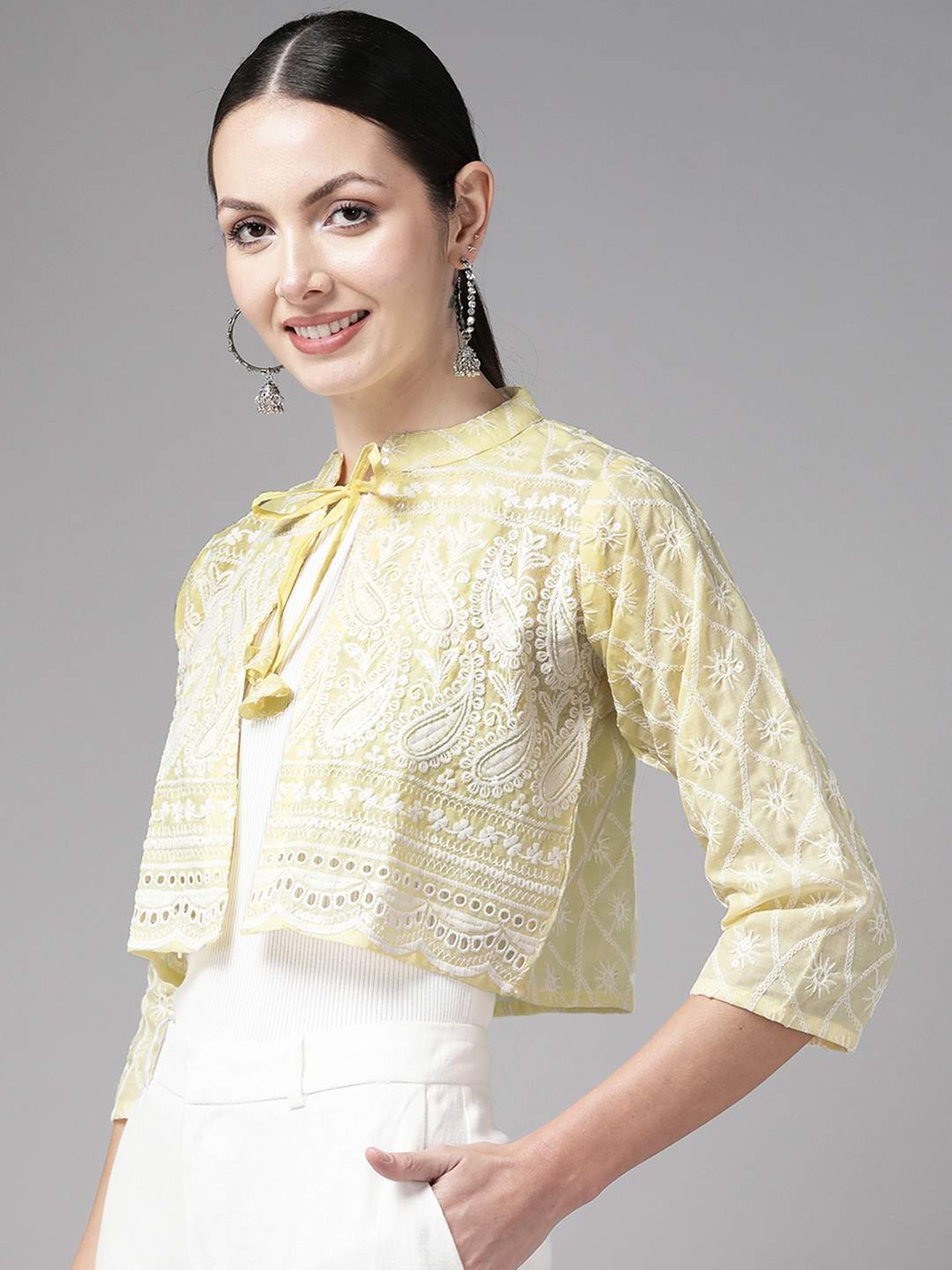 Aarika Lemon Yellow Cotton Embroidered Shrug