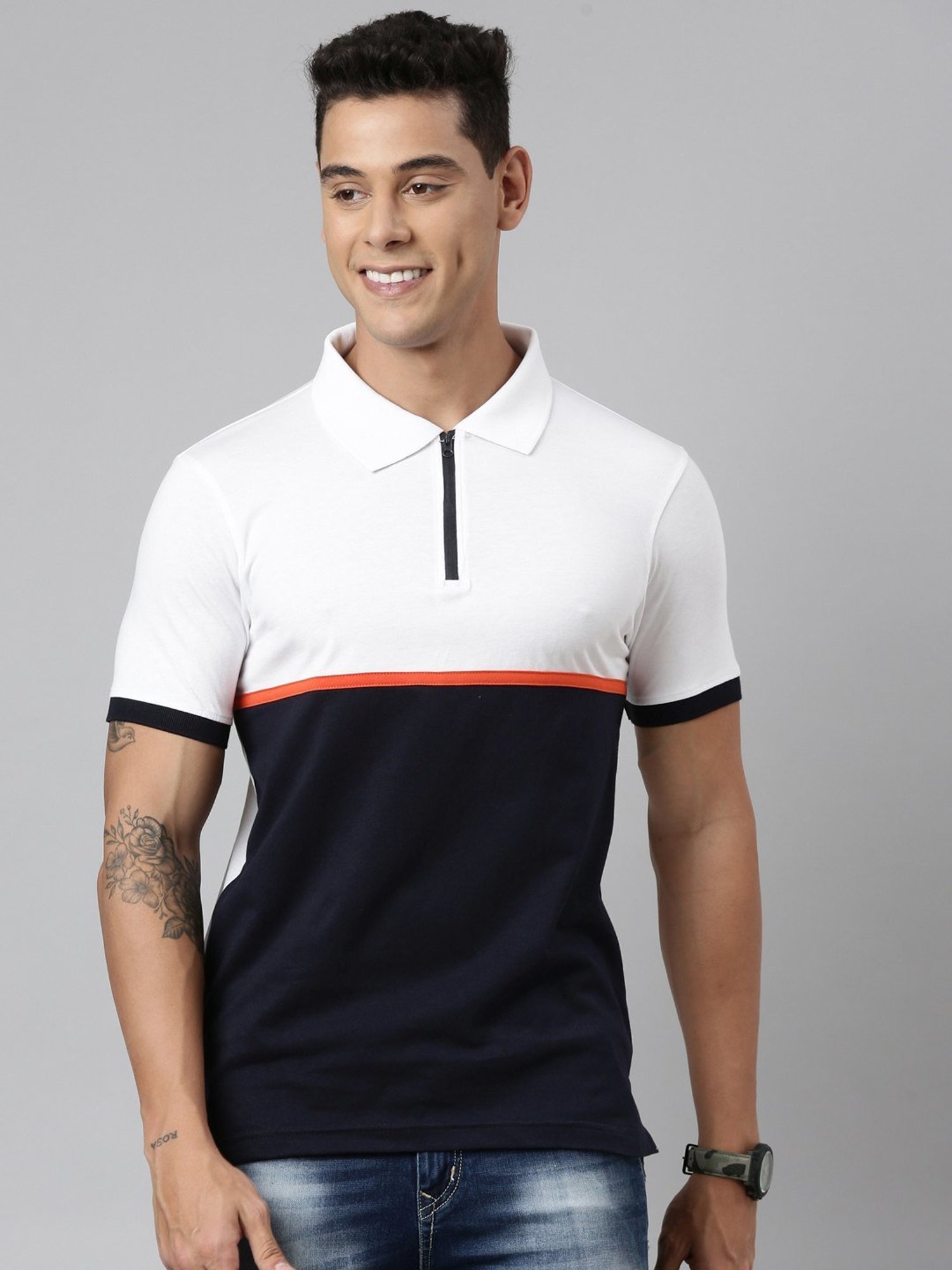 Dixcy Scott Maximus White Cotton Regular Fit Colour Block Polo T-Shirt