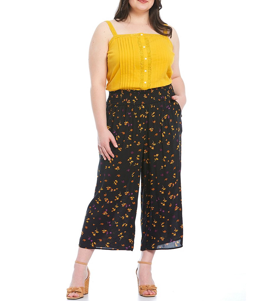 Jessica Simpson Plus Size Senna Black Stranded Petals Smocked Pull-On Pants