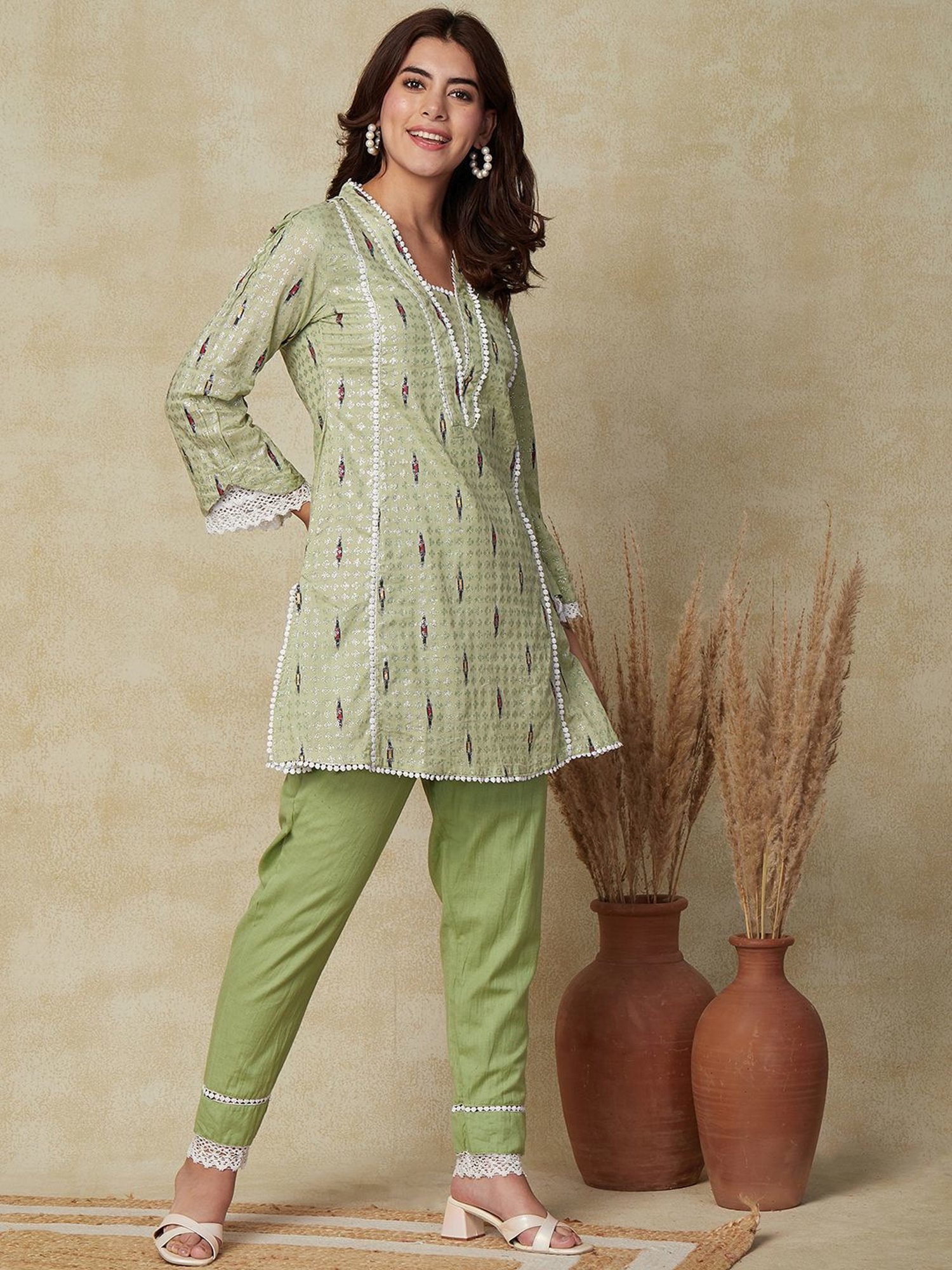 Fashor Green Cotton Printed Kurti Pant Set
