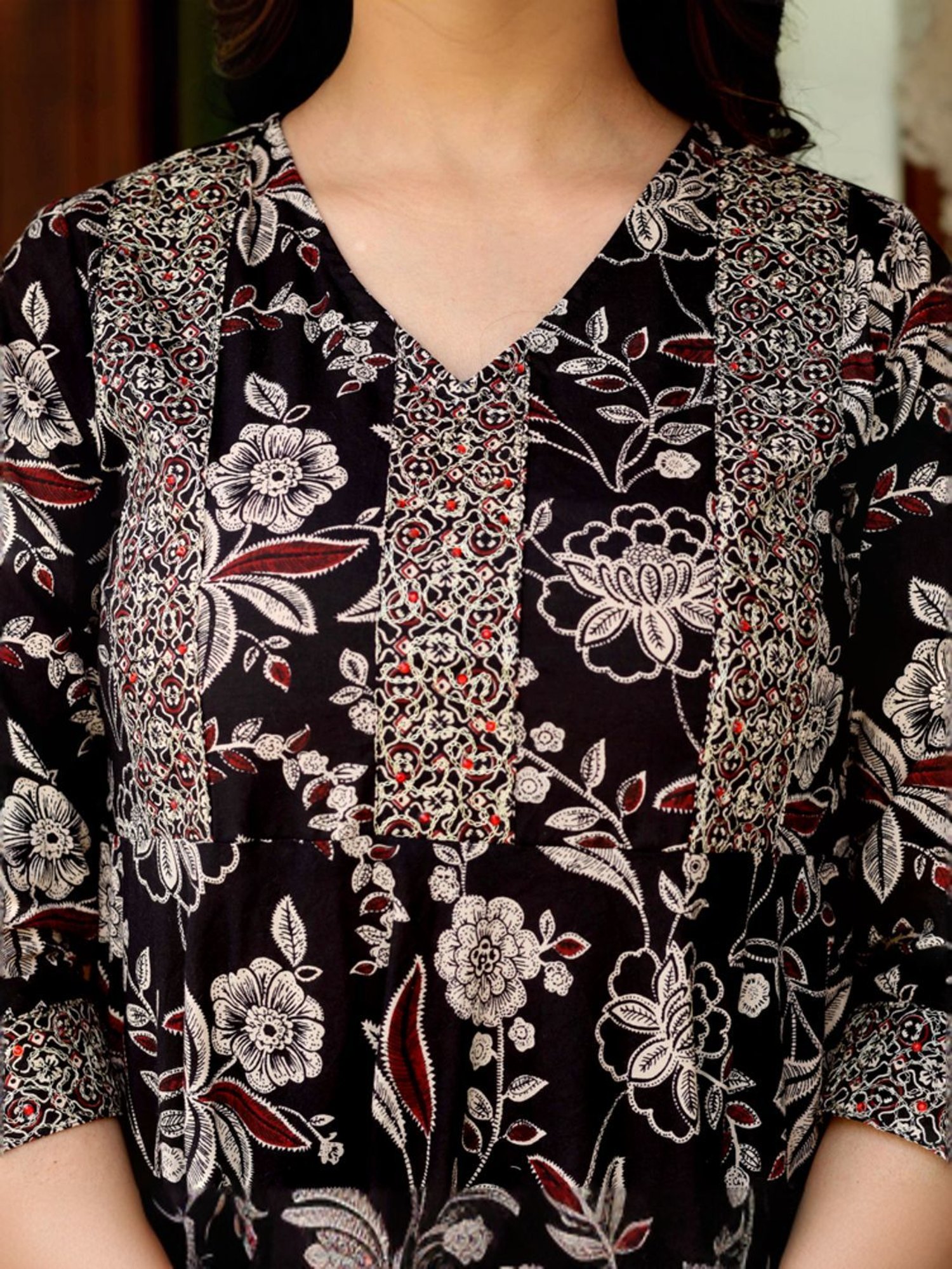 Miravan Black Cotton Embroidered Kurta Pant Set