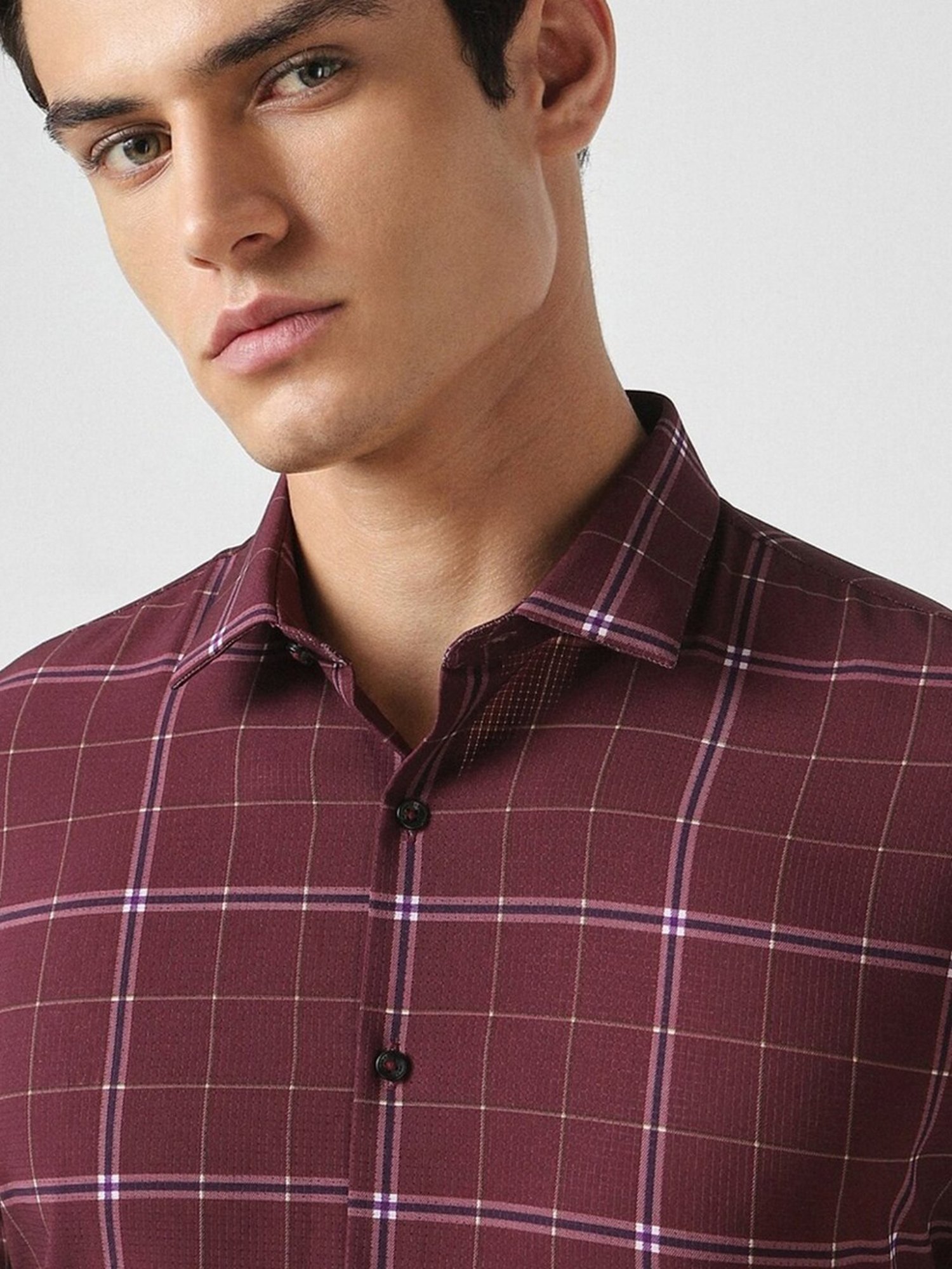 Van Heusen Maroon Slim Fit Checks Shirt