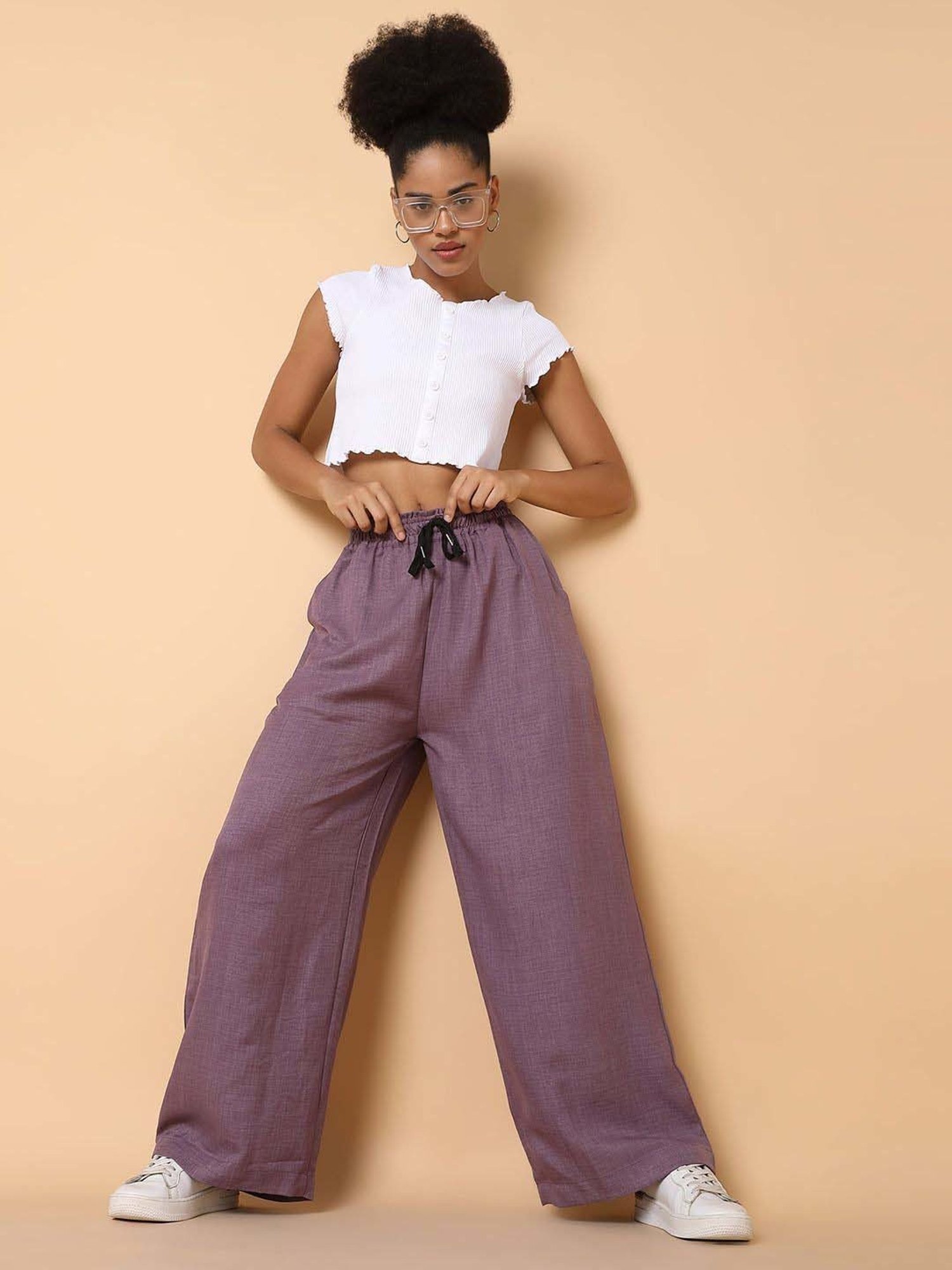 SHOWOFF Purple Cotton Mid Rise Flared Pants