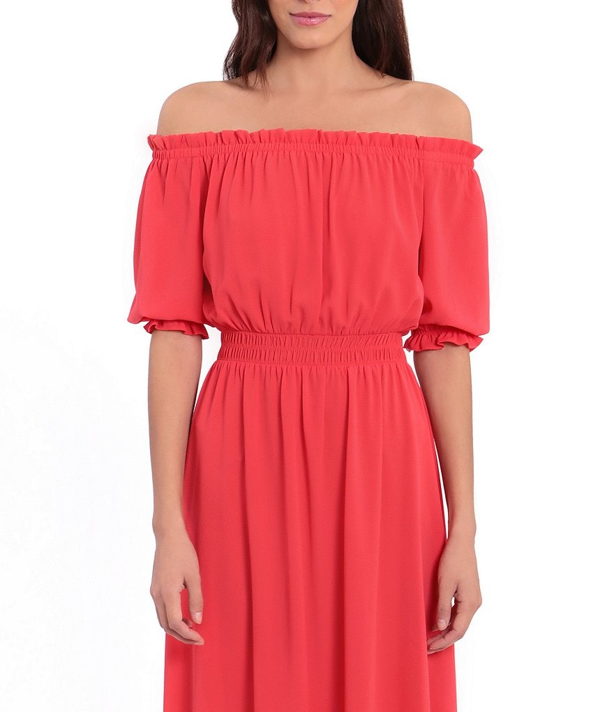 London Times Off-the-Shoulder Puff Sleeve Crepe Midi Dress