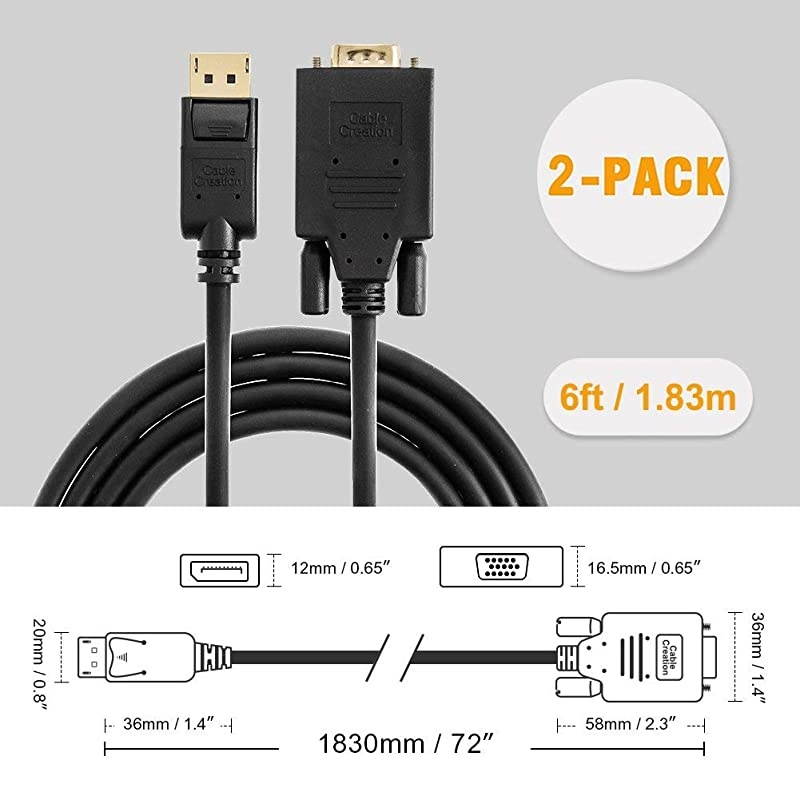 DP to VGA Cable 6ft, [2-Pack]  DisplayPort to VGA Cable Gold Plated, DP Male to VGA Male Cable, Black