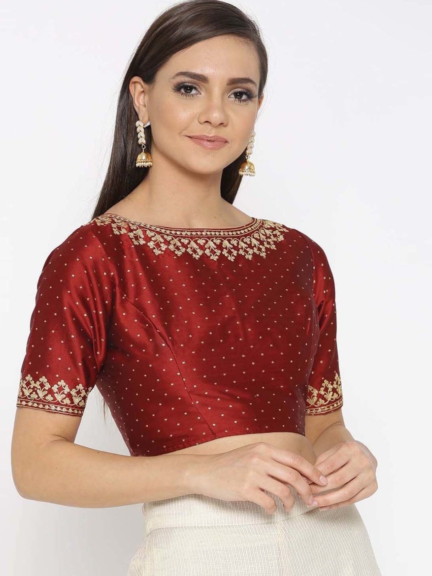 Kaanchie Nanggia Maroon Silk Blend Embroidered Stitched Blouse