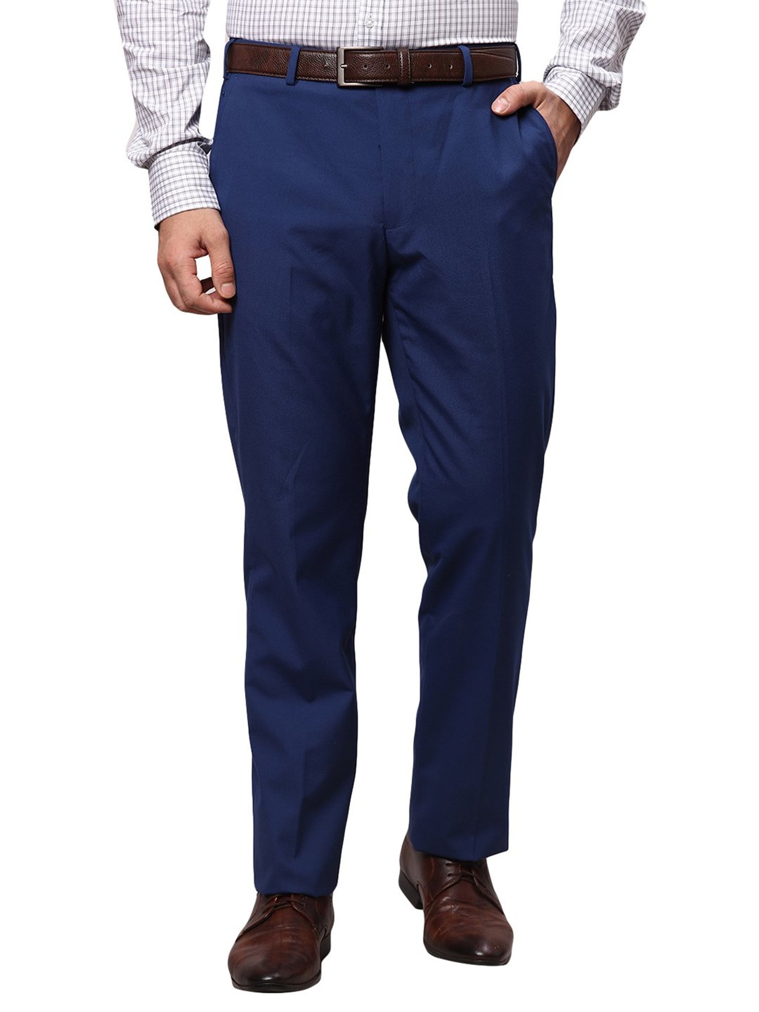 Park Avenue Dark Blue Regular Fit Flat Front Trousers
