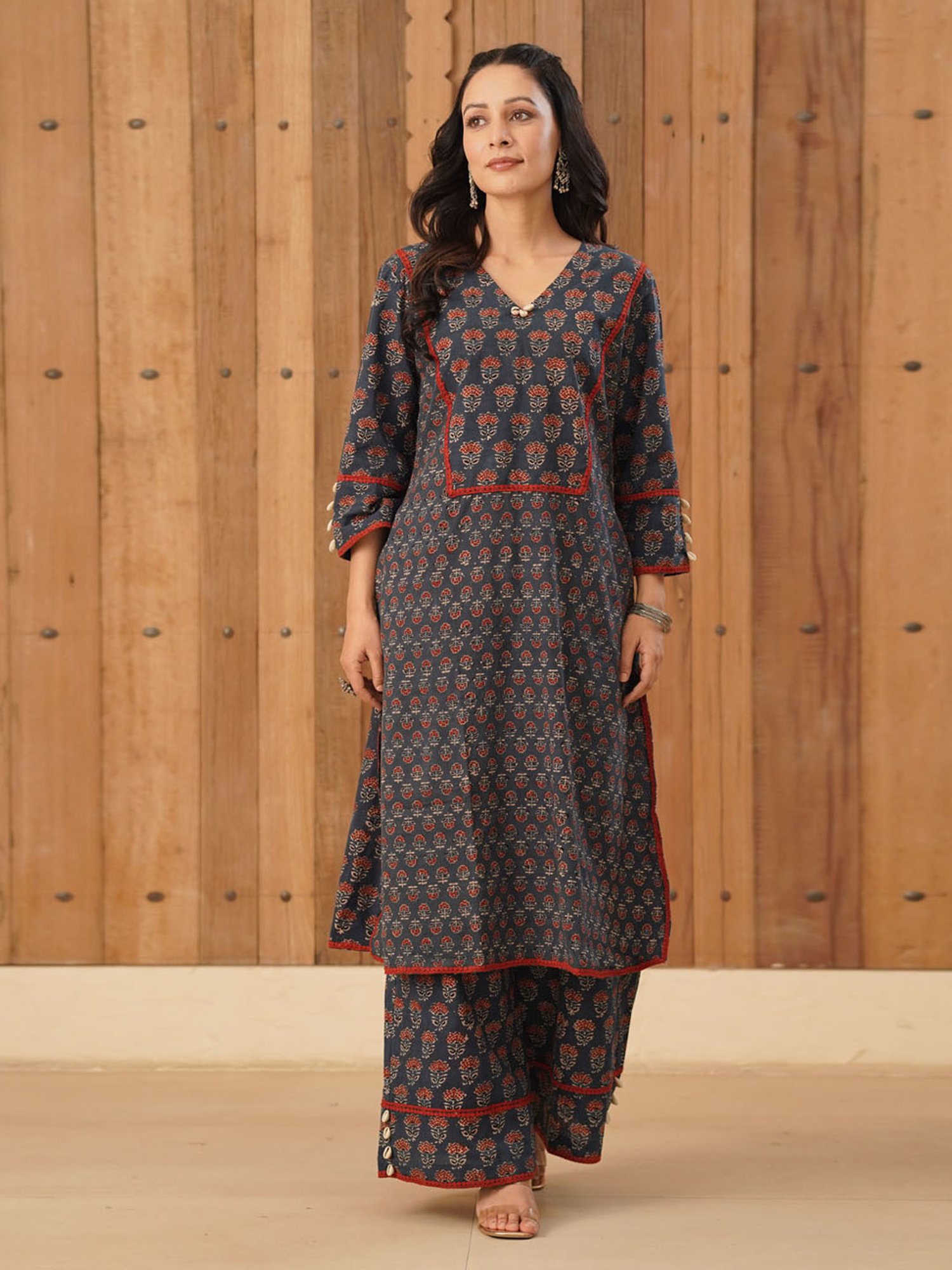 Love Chic Ajrakh Cotton Kurta with cowrie shells and crochet lace details
