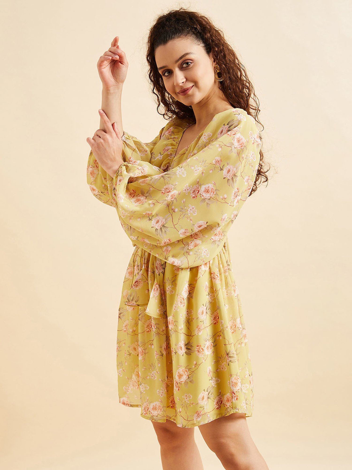 PANIT Yellow Floral Print Ethnic Dress