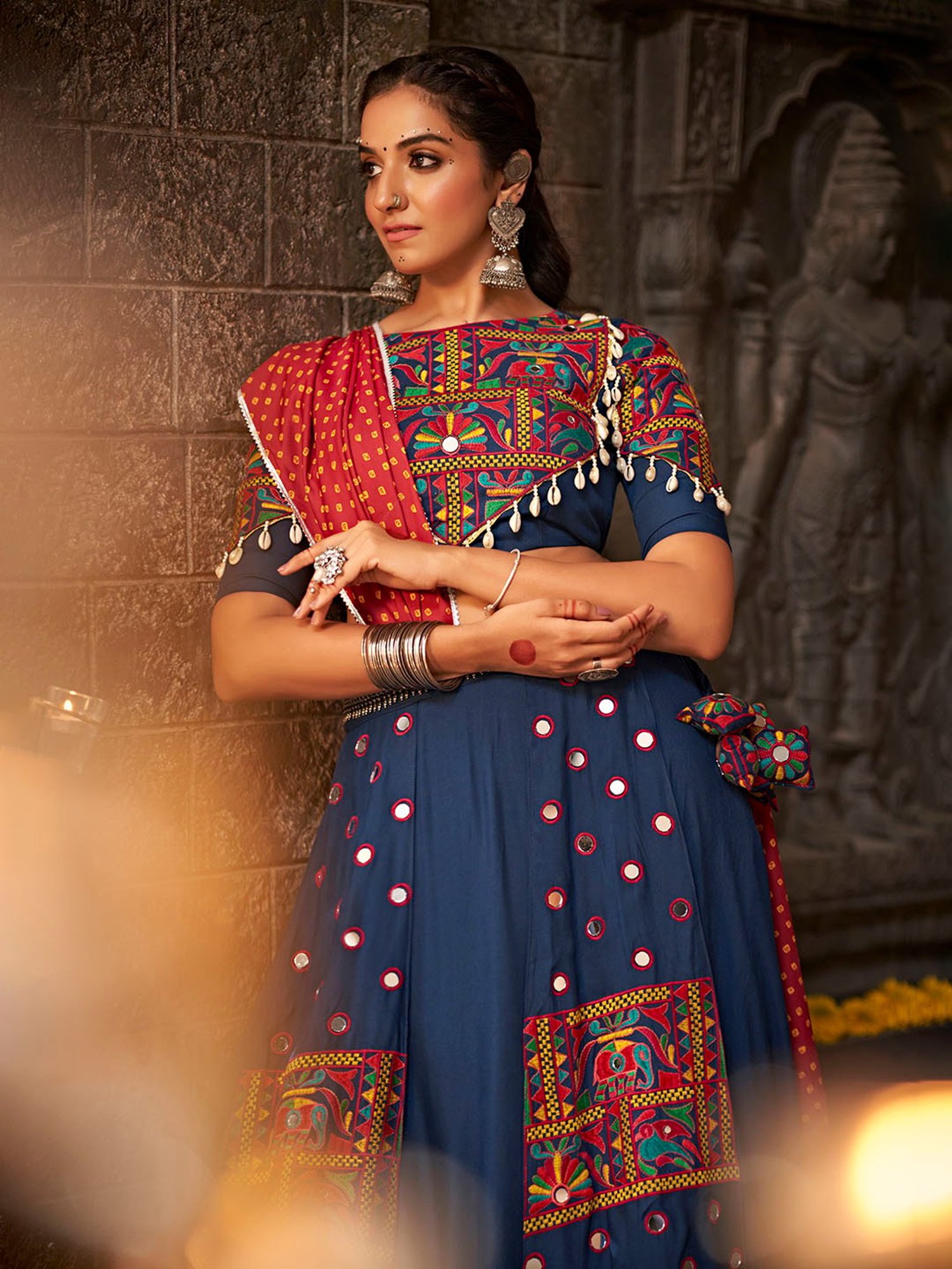 SHUBHKALA Dark Blue Embroidered Lehenga Choli Set With Dupatta