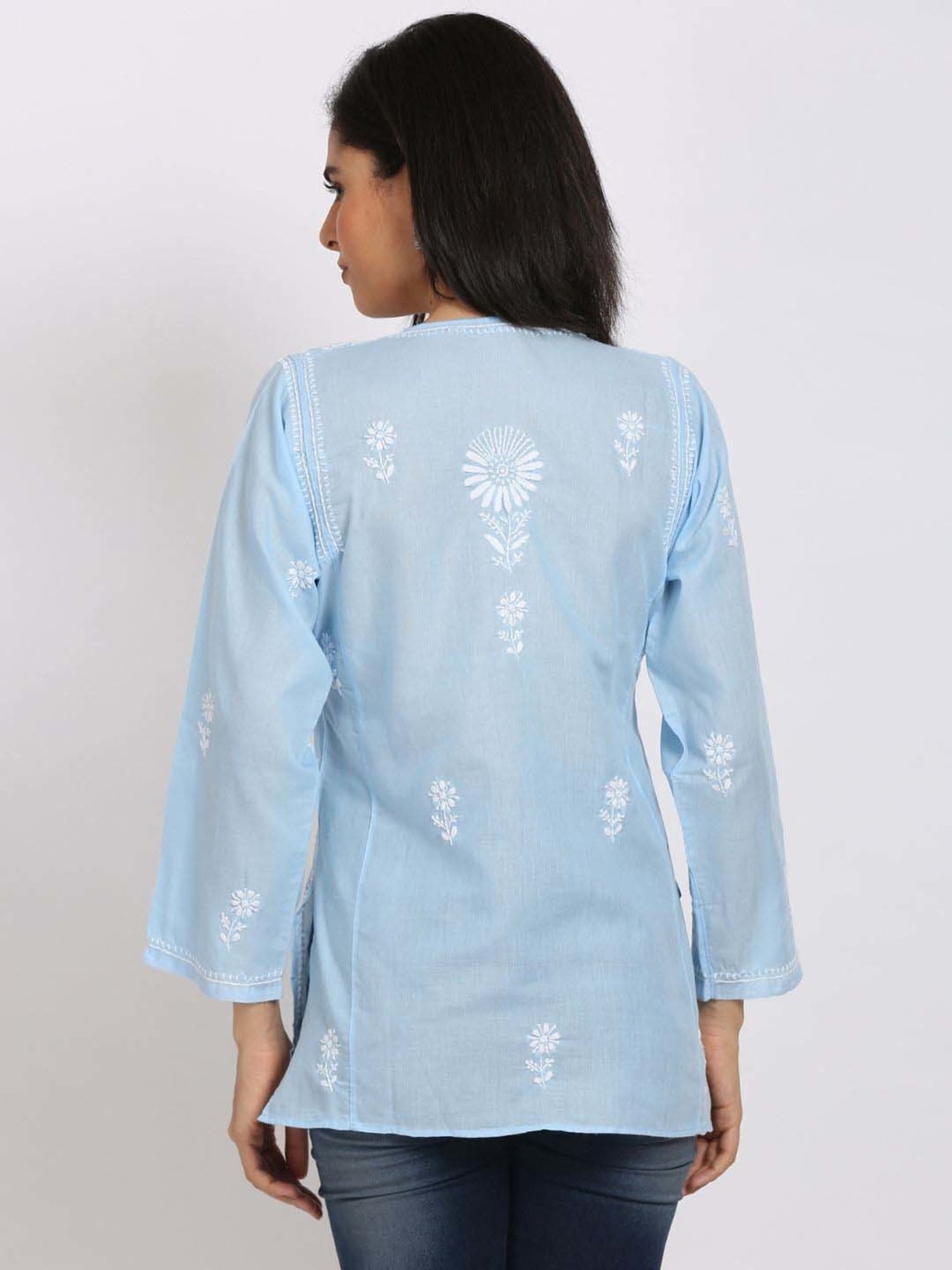 PARAMOUNT CHIKAN Powder Blue Cotton Chikankari Straight Kurti