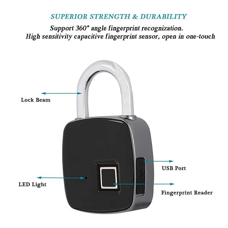 Padlock, Smart Digital Keyless Door Lock Waterproof Security Anti-Theft Travel Padlock for Door Suitcase Bike Black