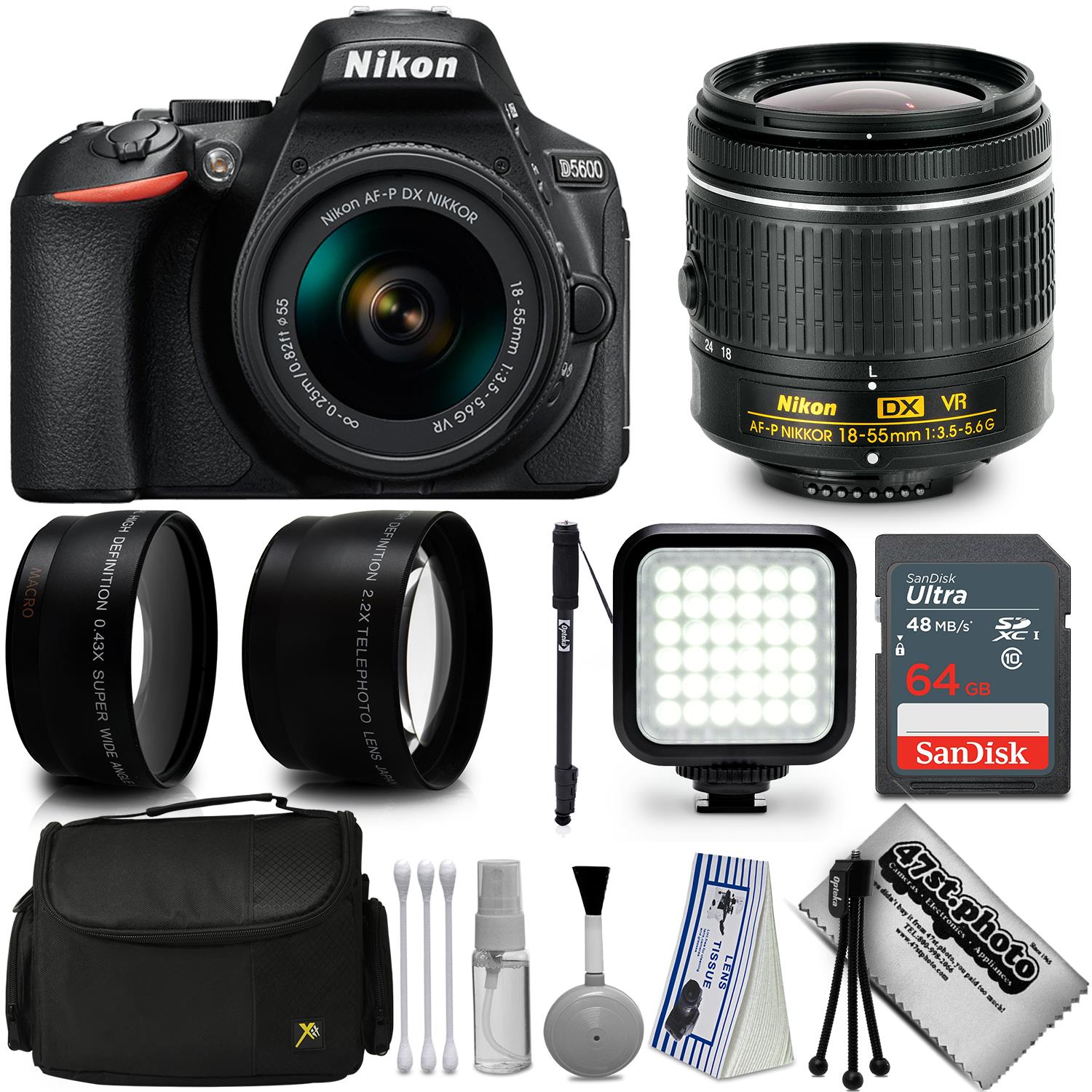 Nikon D5600 Digital SLR Camera Black with AF-P 18-55mm + 64 GB + Video Ligth + Monopod + Starter Accessories Bundle Kit