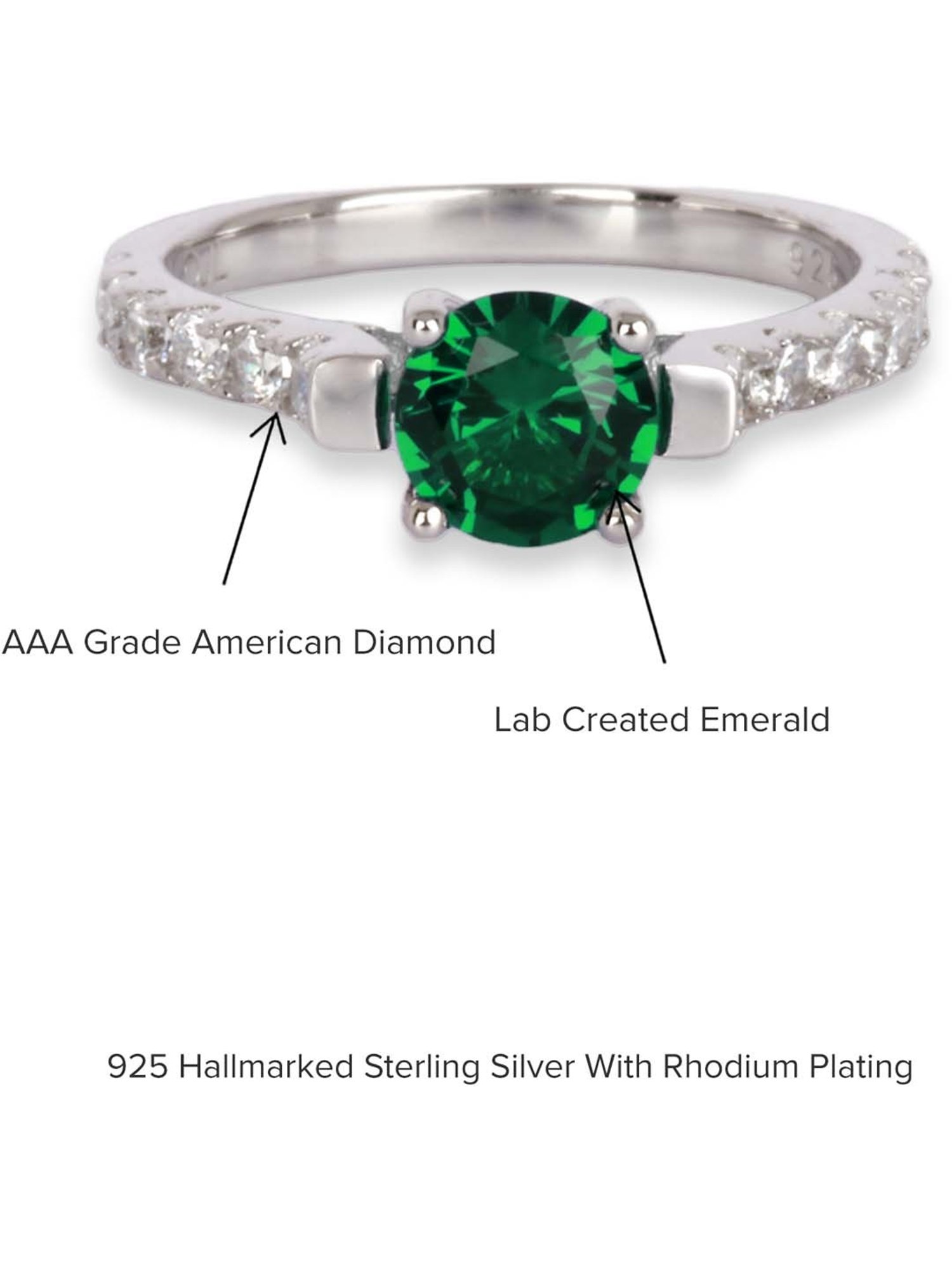 925 Silver Green Emerald and American Diamond Solitaire Ring for Women & Girls