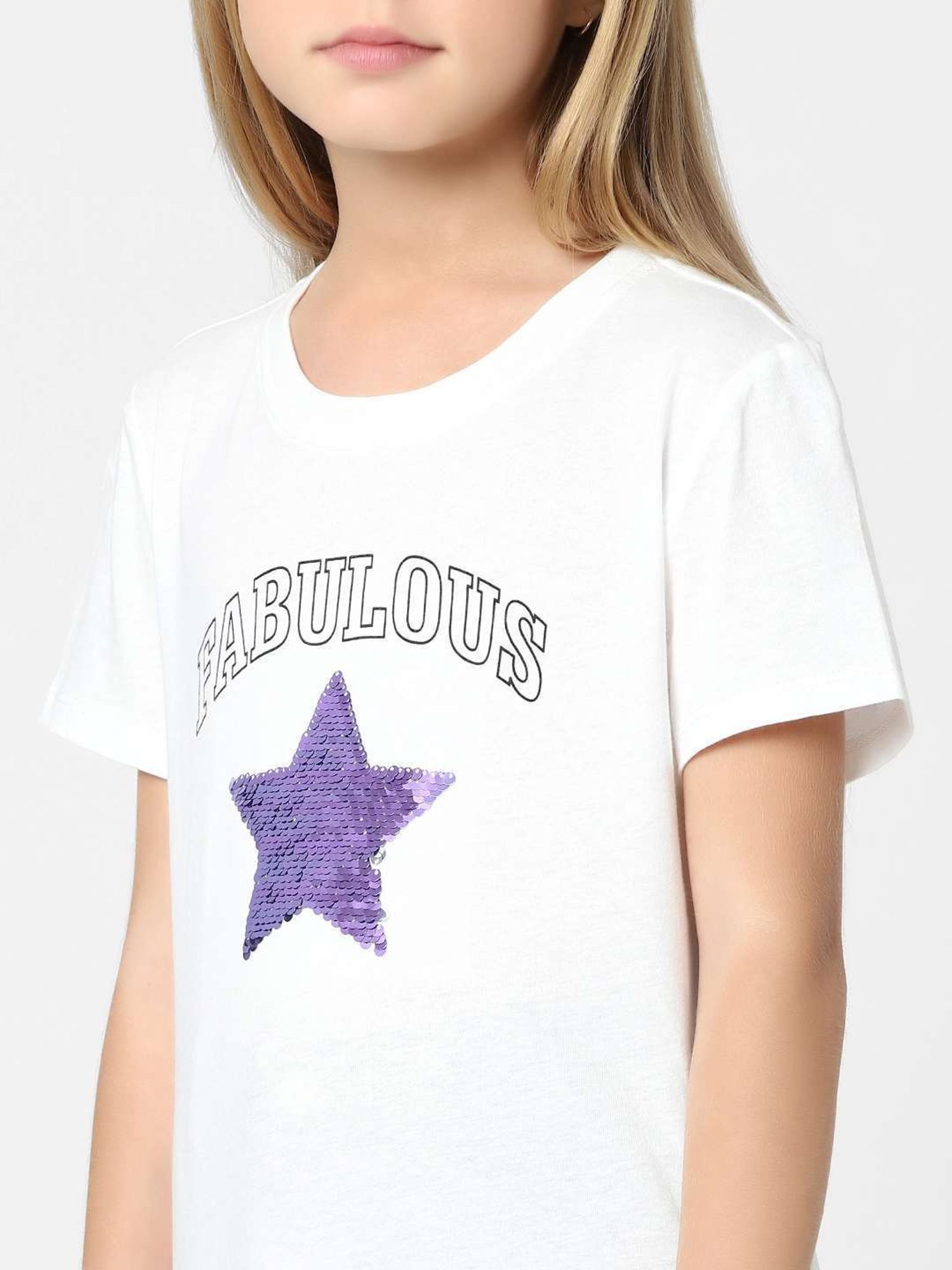KIDS ONLY White & Purple Cotton Embellished T-Shirt