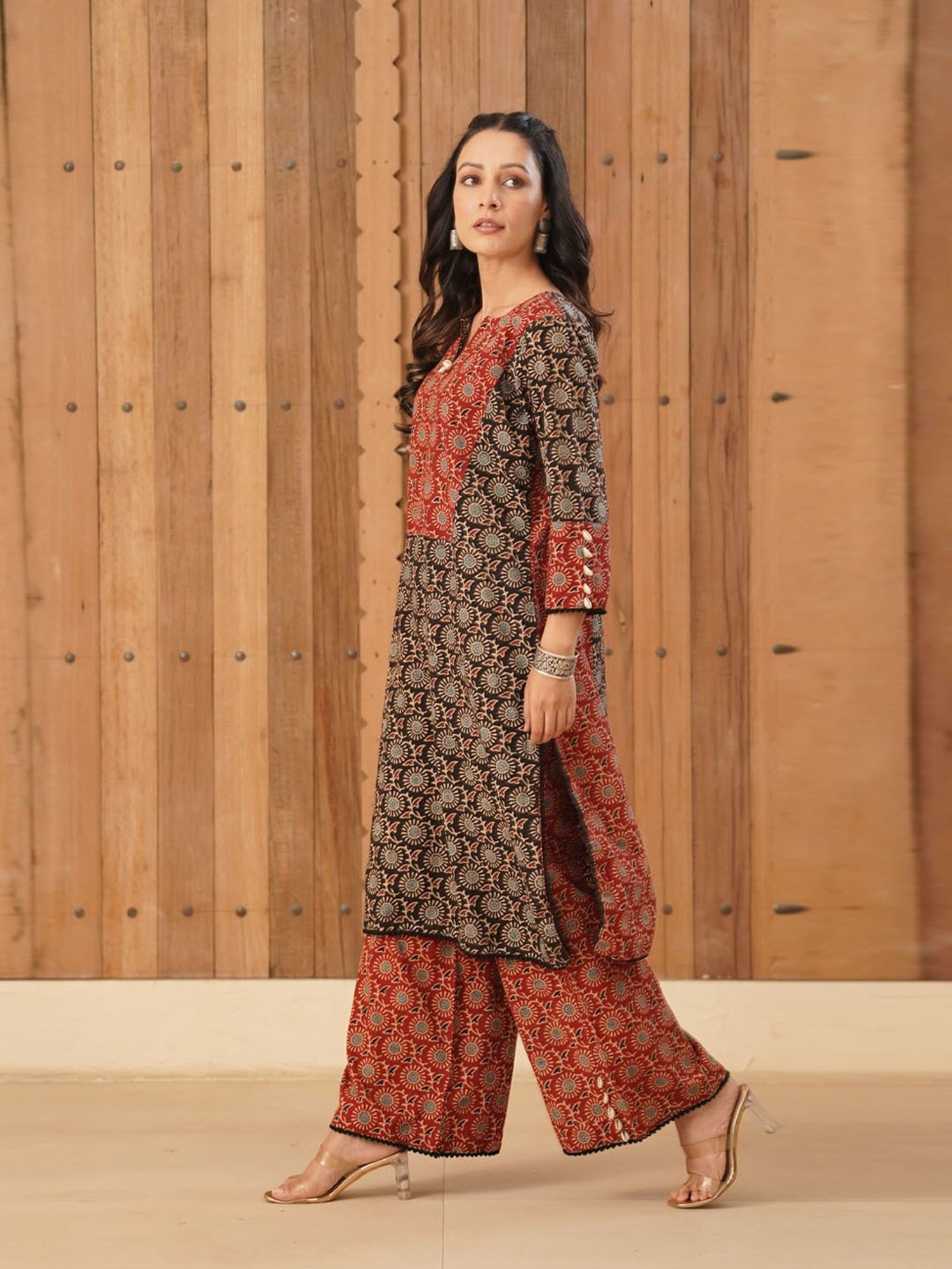 Love Chic Ajrakh Cotton Kurta with cowrie shells and crochet lace details