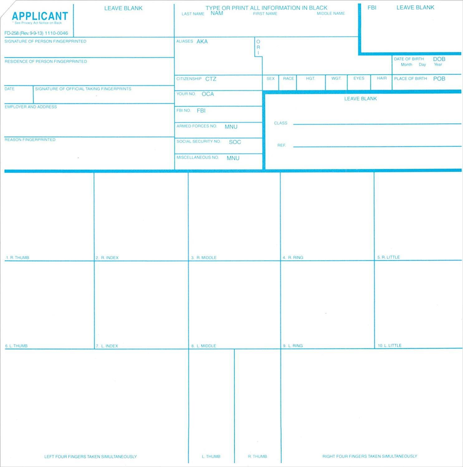Fingerprint Cards, Applicant FD-258 (250pk)