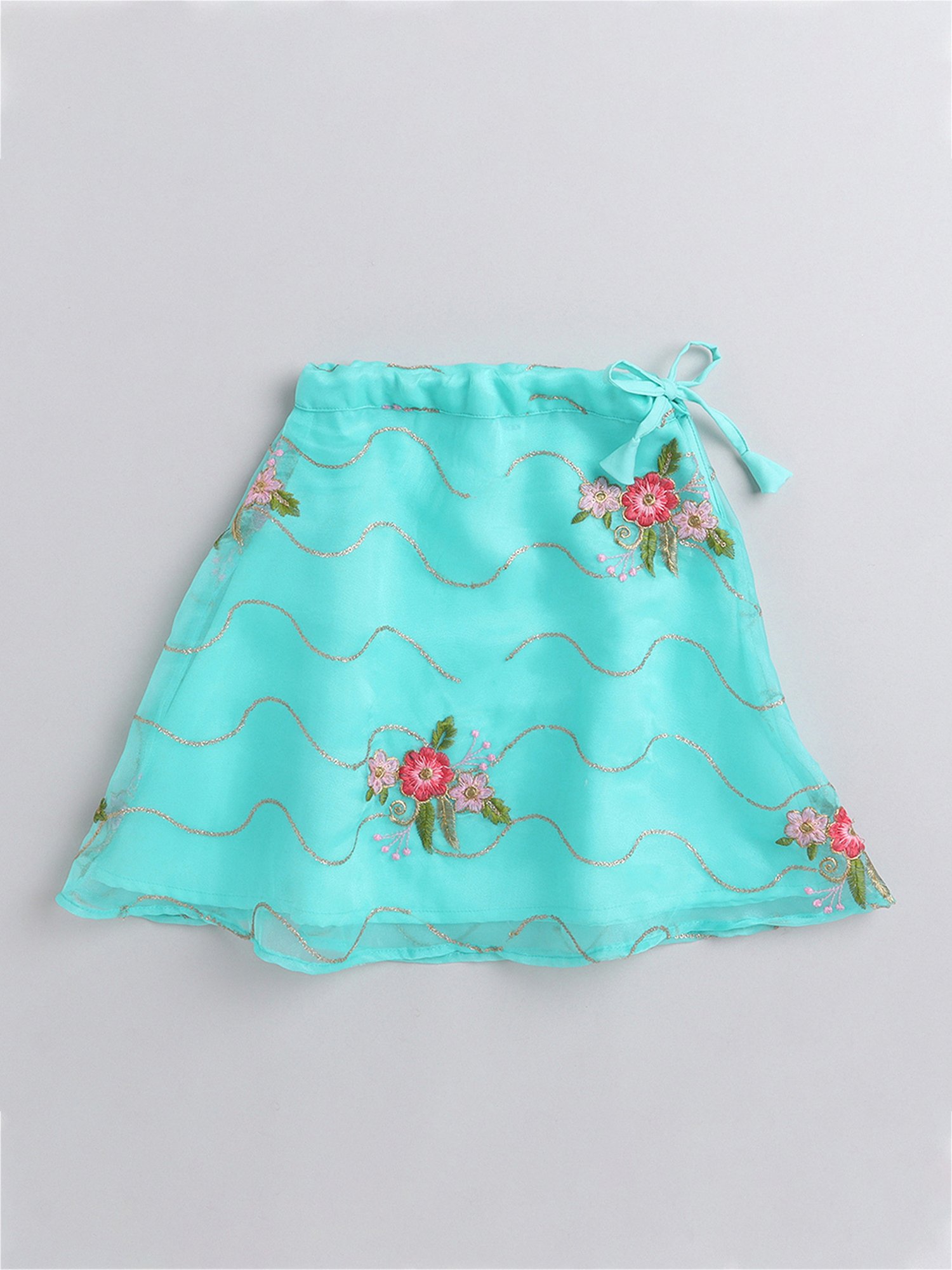 Many Frocks Kids Pink & Blue Embroidered Lehenga, Choli with Dupatta