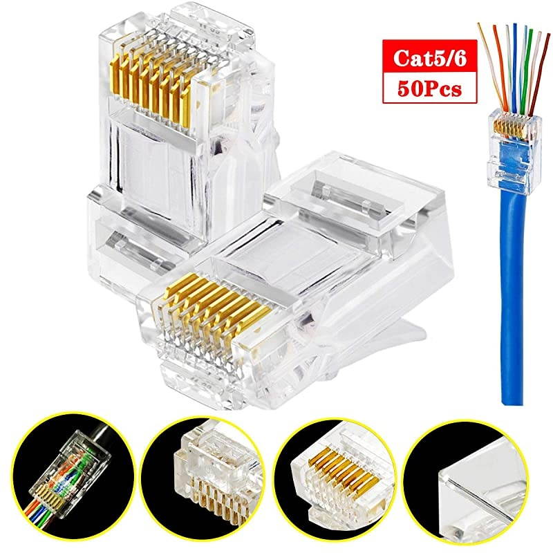 Cat6 Cat5 Connector Gold Plated 8P8C Ethernet Pass Through Plug50Pack