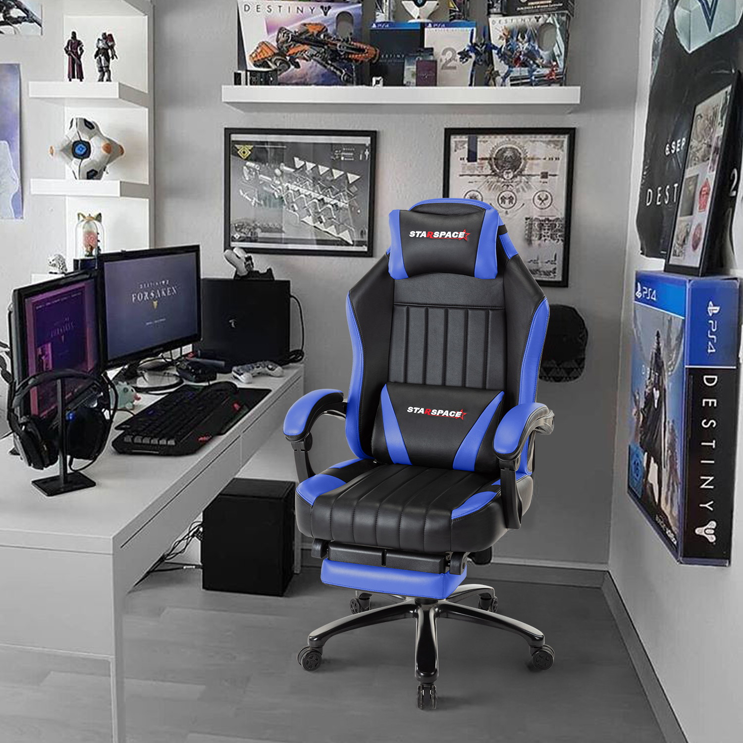 STRASPACE Big & Tall 400lb Memory Foam Reclining Gaming Chair Metal Base - Adjustable Back Angle and Retractable Footrest Ergonomic High-Back Leather Racing Executive Computer Desk Office Chair, Blue